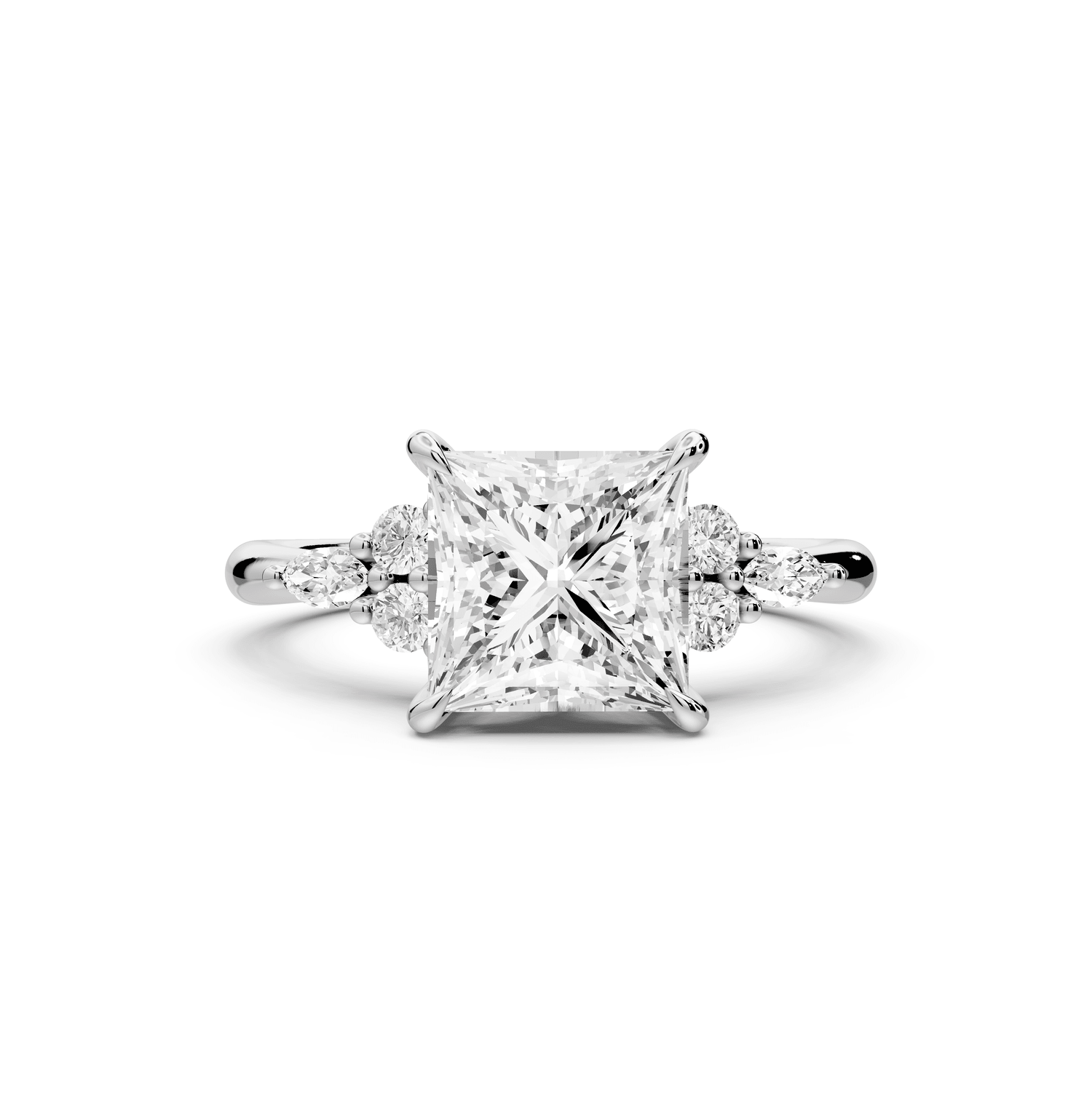 Sandi - 2ct 18k white gold Princess Floral Cluster Side-Stone Engagement Ring with Plain Band - Mr. Alex Jewelry