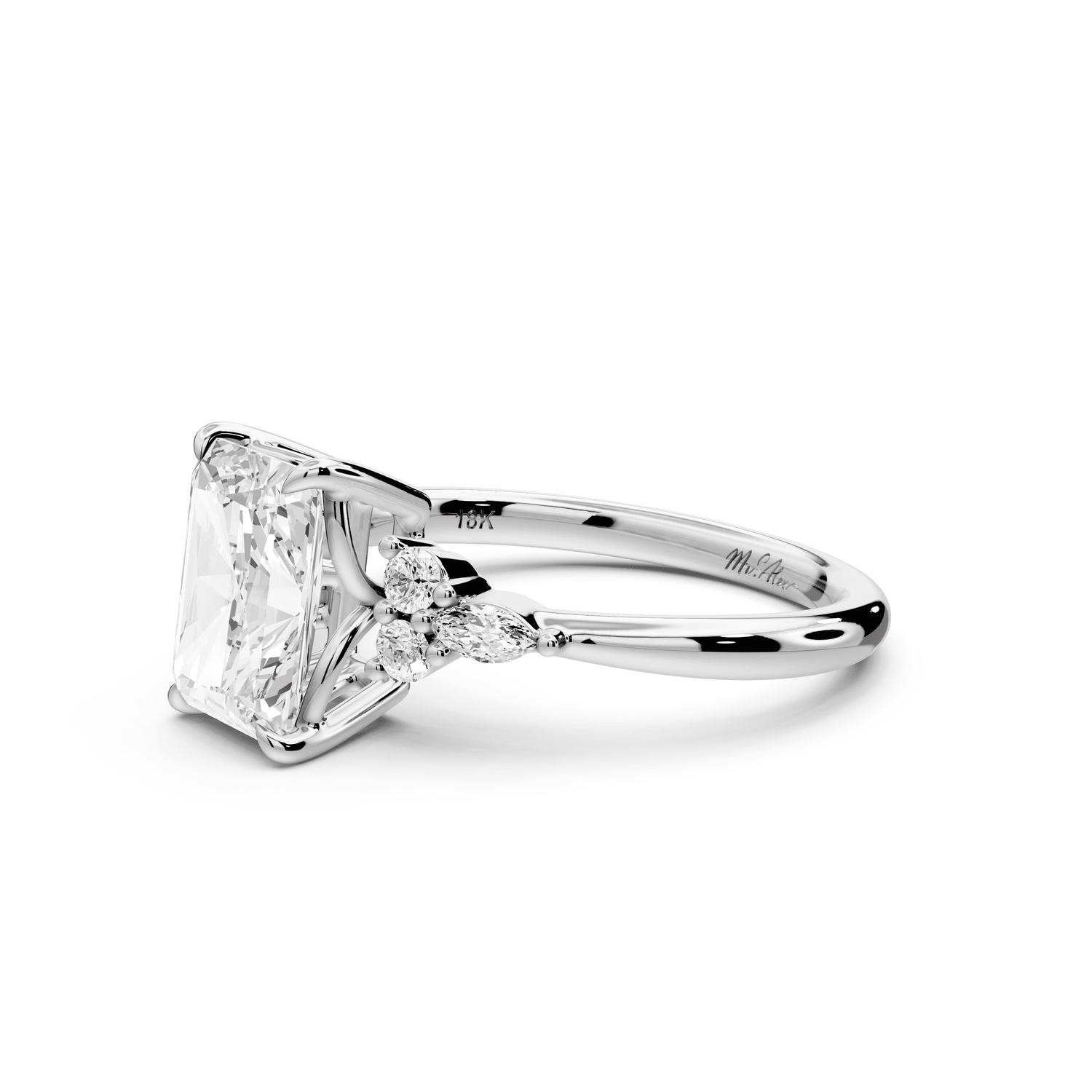 Sandi - 2ct 18k white gold Radiant Floral Cluster Side-Stone Engagement Ring with Plain Band - Mr. Alex Jewelry