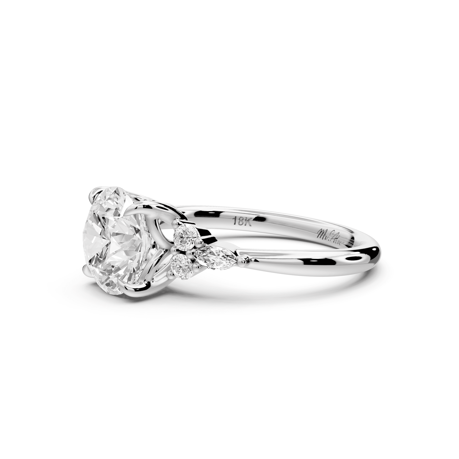 Sandi - 2ct 18k white gold Round Floral Cluster Side-Stone Engagement Ring with Plain Band - Mr. Alex Jewelry