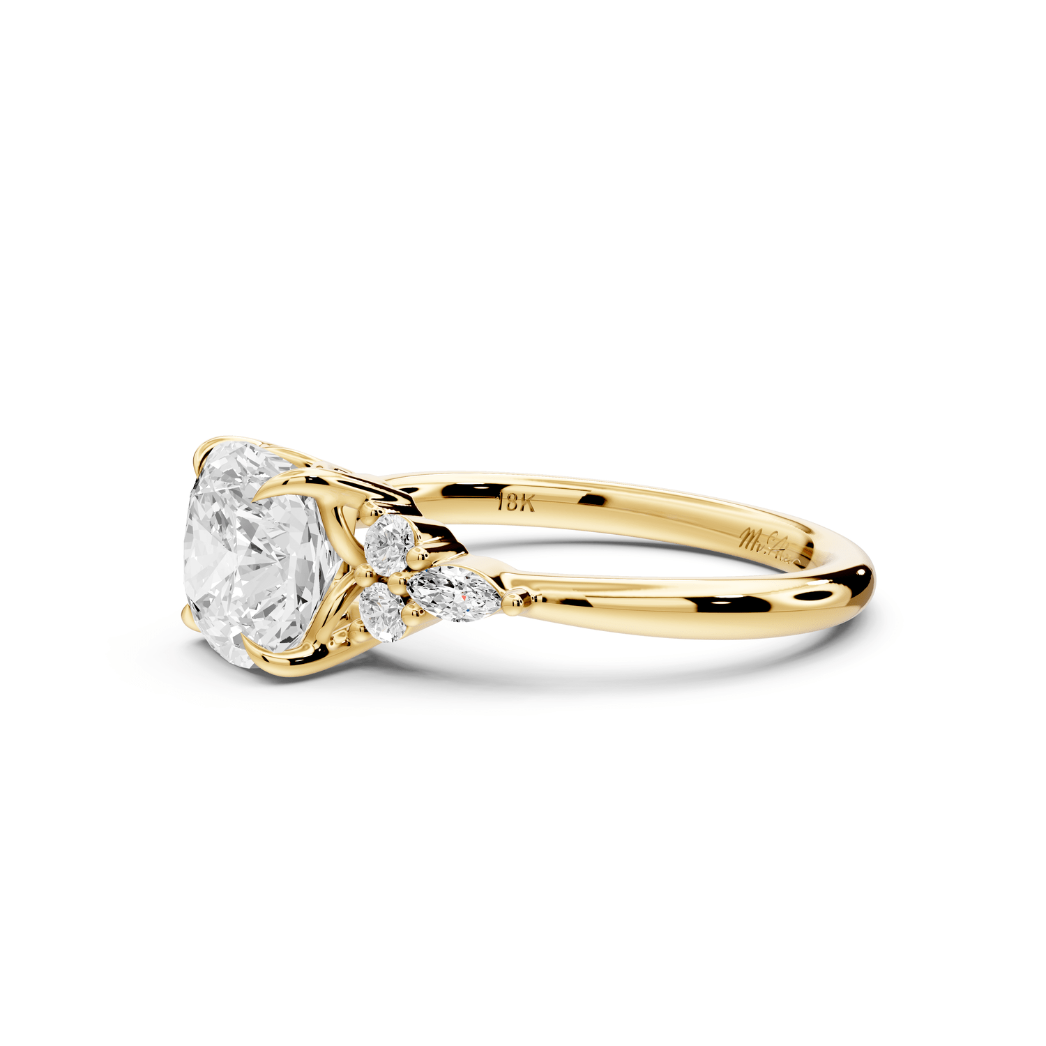 Sandi - 2ct 18k yellow gold Cushion Floral Cluster Side-Stone Engagement Ring with Plain Band - Mr. Alex Jewelry