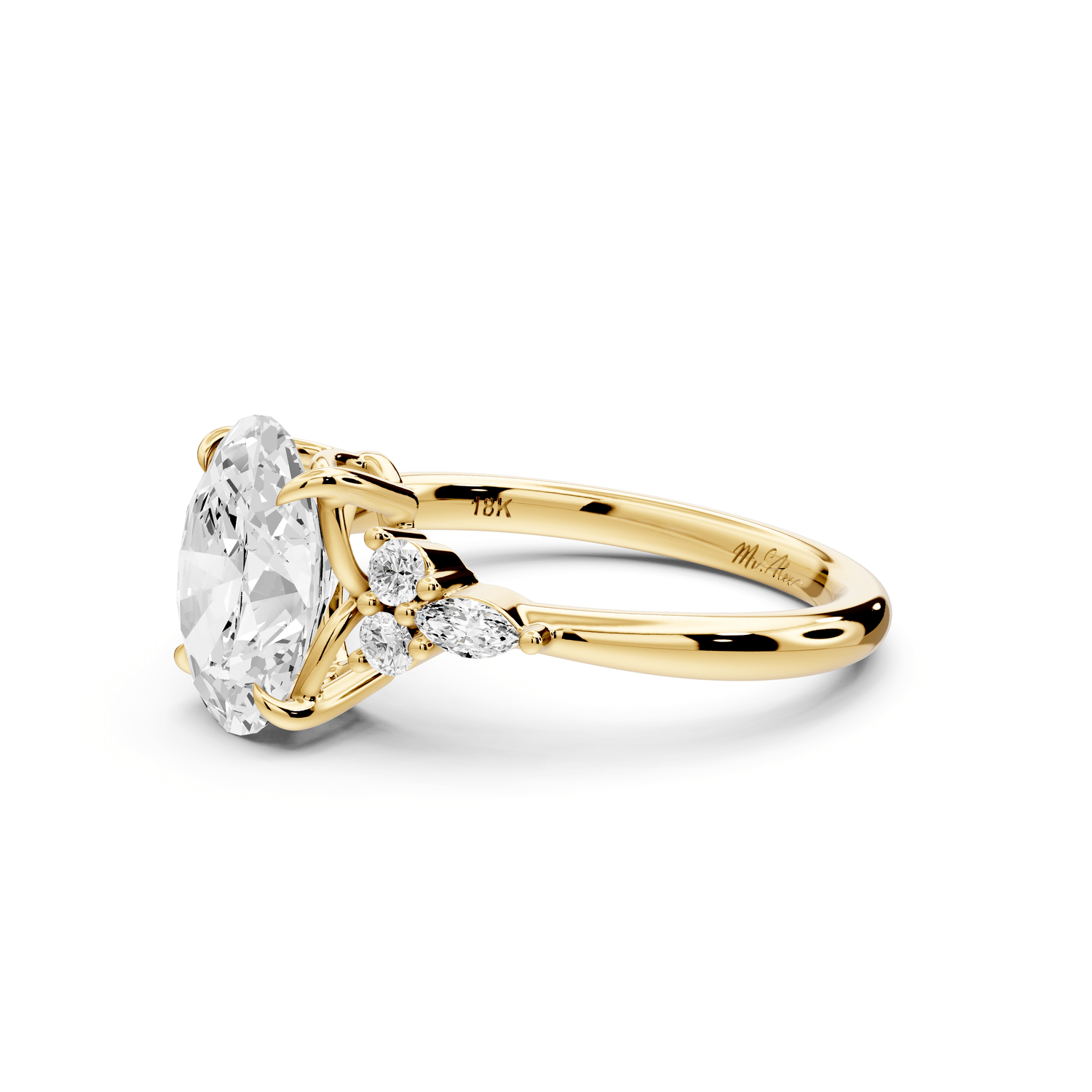 Sandi - 2ct 18k yellow gold Oval Floral Cluster Side-Stone Engagement Ring with Plain Band - Mr. Alex Jewelry