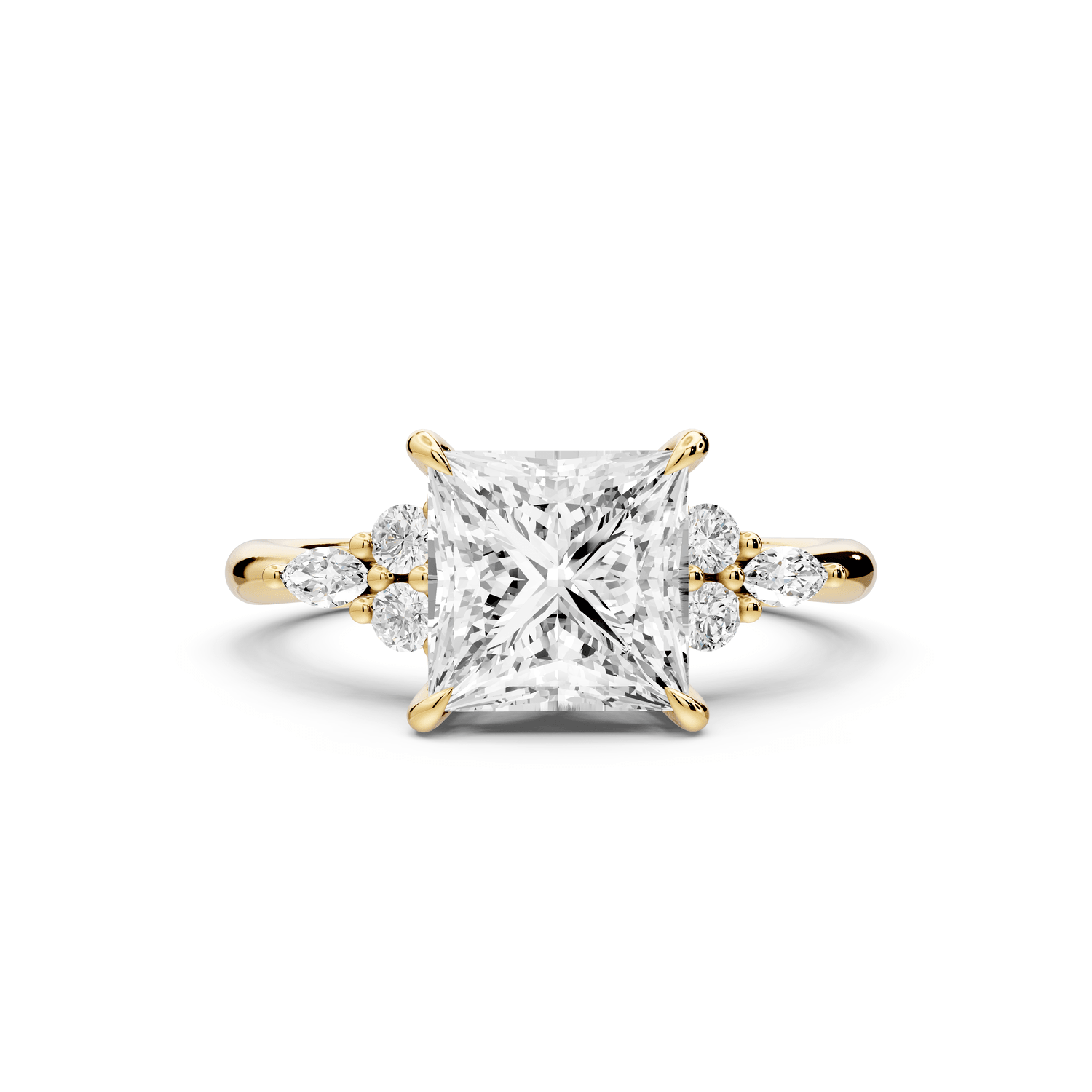 Sandi - 2ct 18k yellow gold Princess Floral Cluster Side-Stone Engagement Ring with Plain Band - Mr. Alex Jewelry