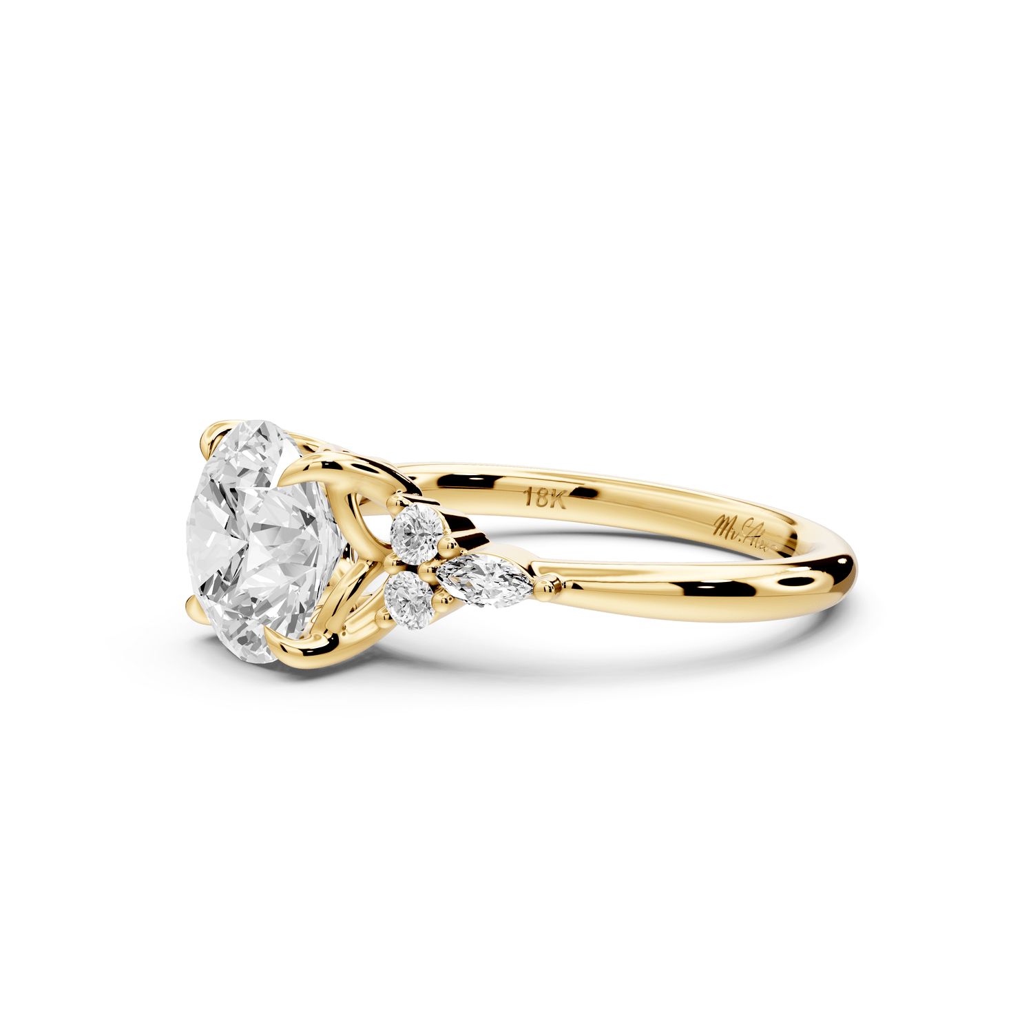 Sandi - 2ct 18k yellow gold Round Floral Cluster Side-Stone Engagement Ring with Plain Band - Mr. Alex Jewelry