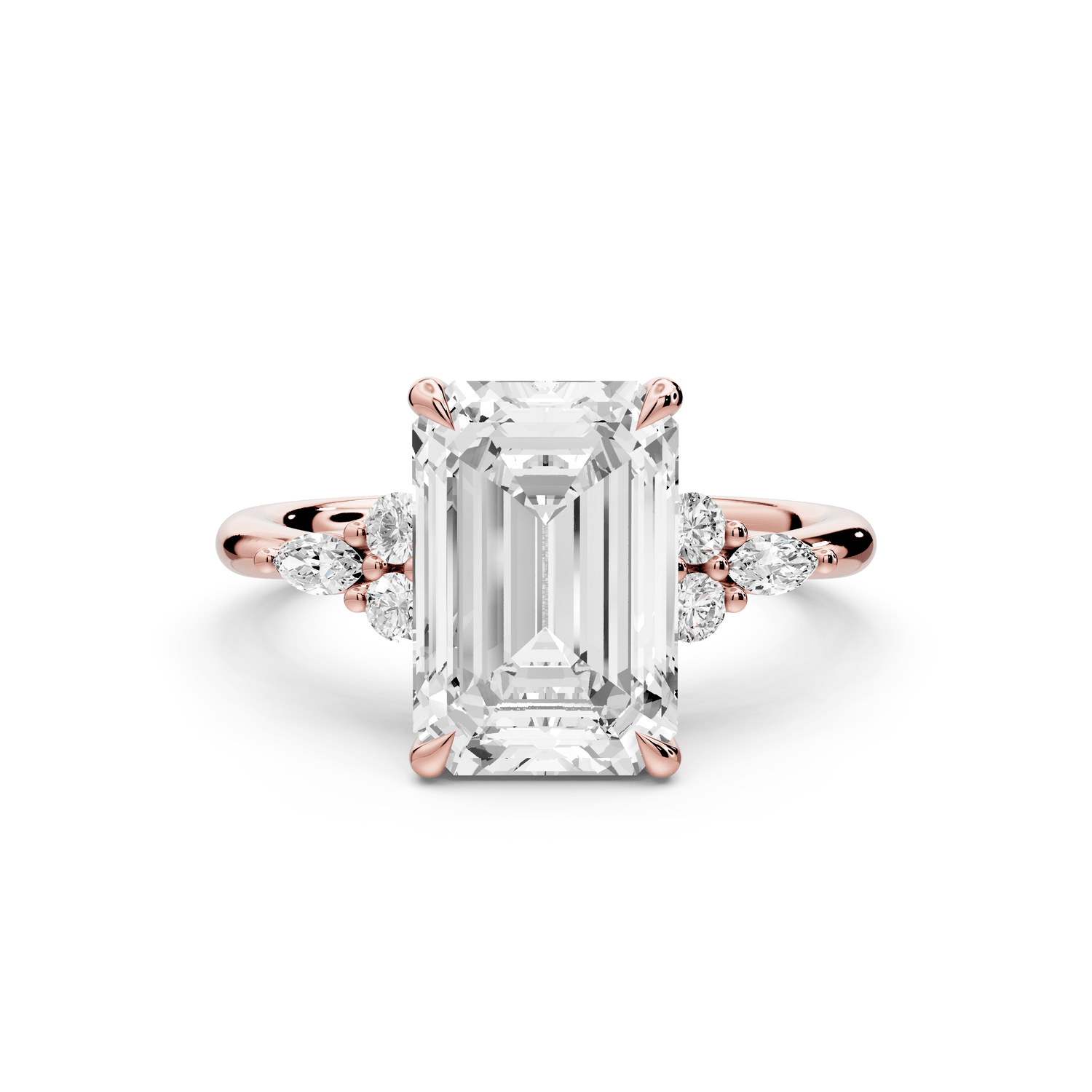 Sandi - 3ct 14k rose gold Emerald Floral Cluster Side-Stone Engagement Ring with Plain Band - Mr. Alex Jewelry