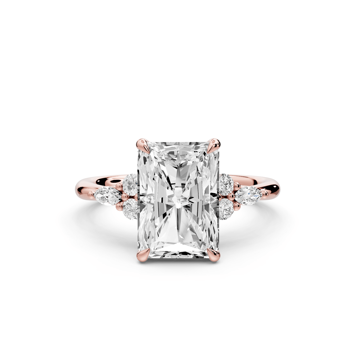 Sandi - 3ct 14k rose gold Radiant Floral Cluster Side-Stone Engagement Ring with Plain Band - Mr. Alex Jewelry