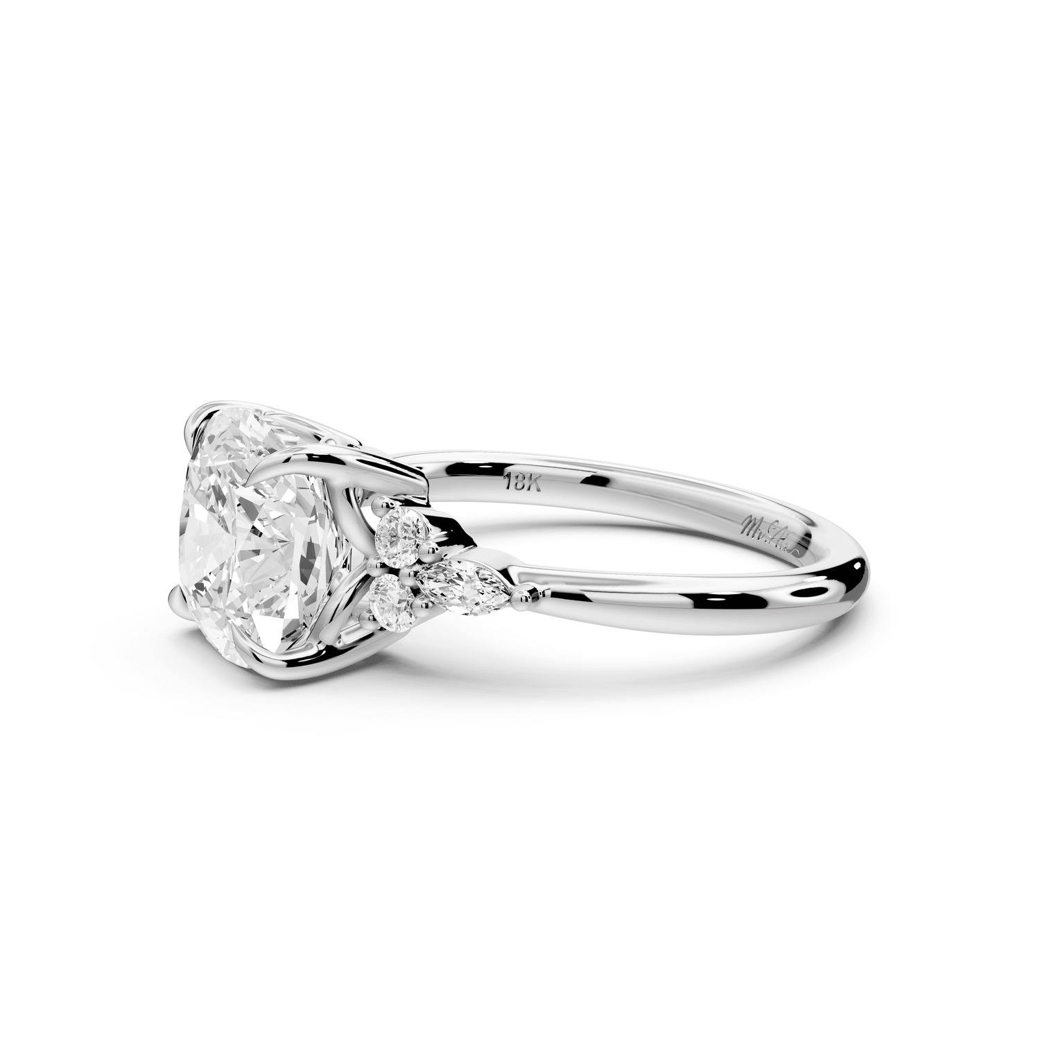 Sandi - 3ct 14k white gold Cushion Floral Cluster Side-Stone Engagement Ring with Plain Band - Mr. Alex Jewelry