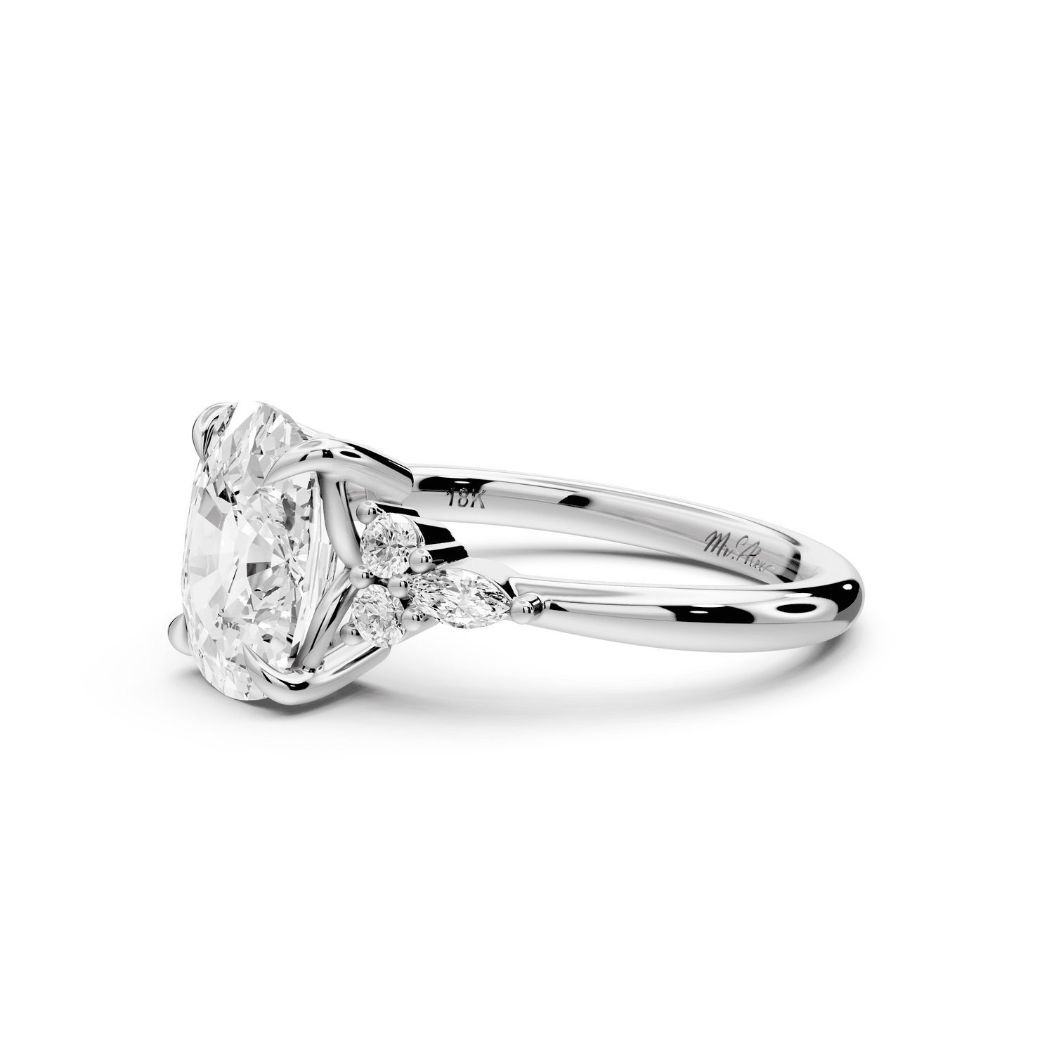 Sandi - 3ct 14k white gold Ecushion Floral Cluster Side-Stone Engagement Ring with Plain Band - Mr. Alex Jewelry