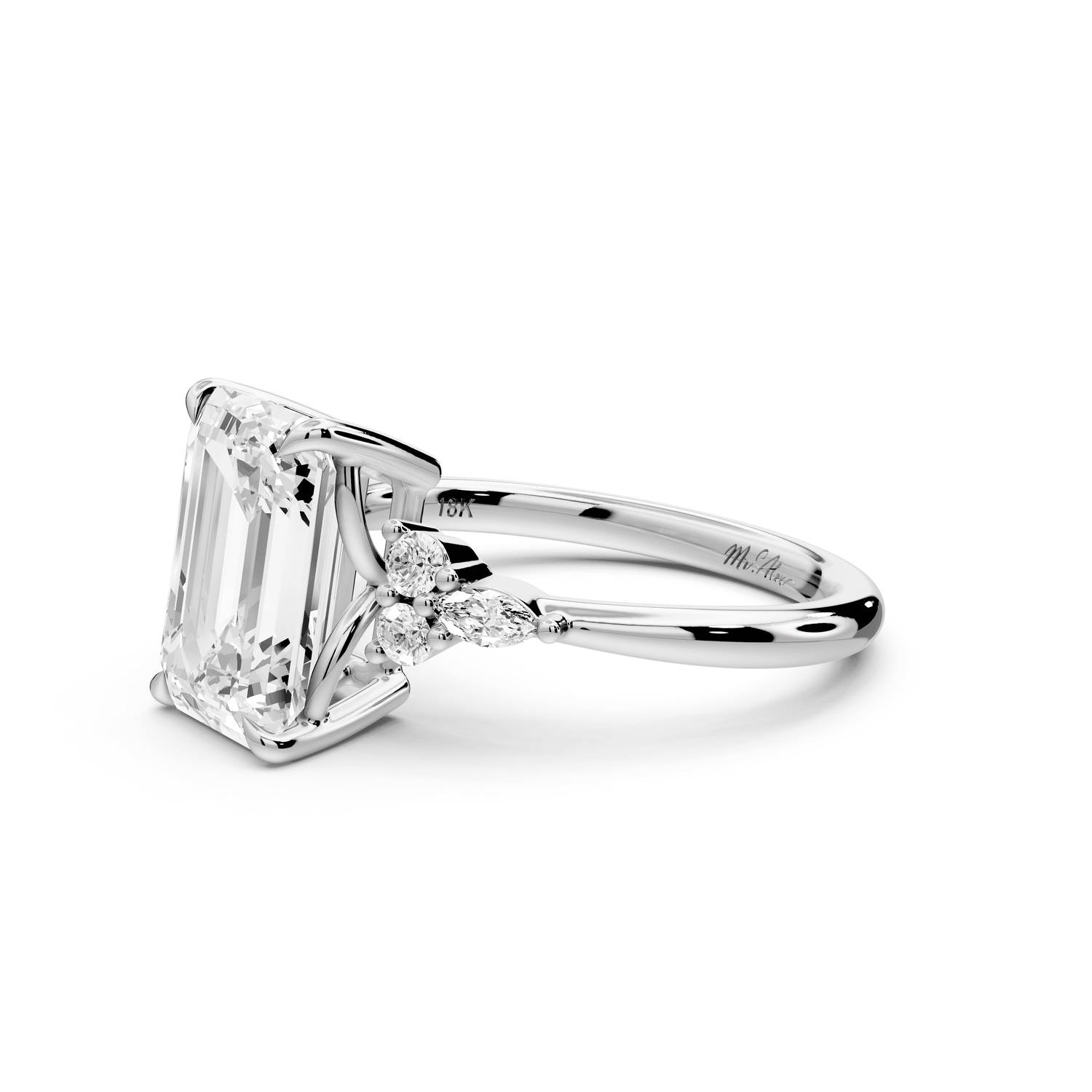 Sandi - 3ct 14k white gold Emerald Floral Cluster Side-Stone Engagement Ring with Plain Band - Mr. Alex Jewelry