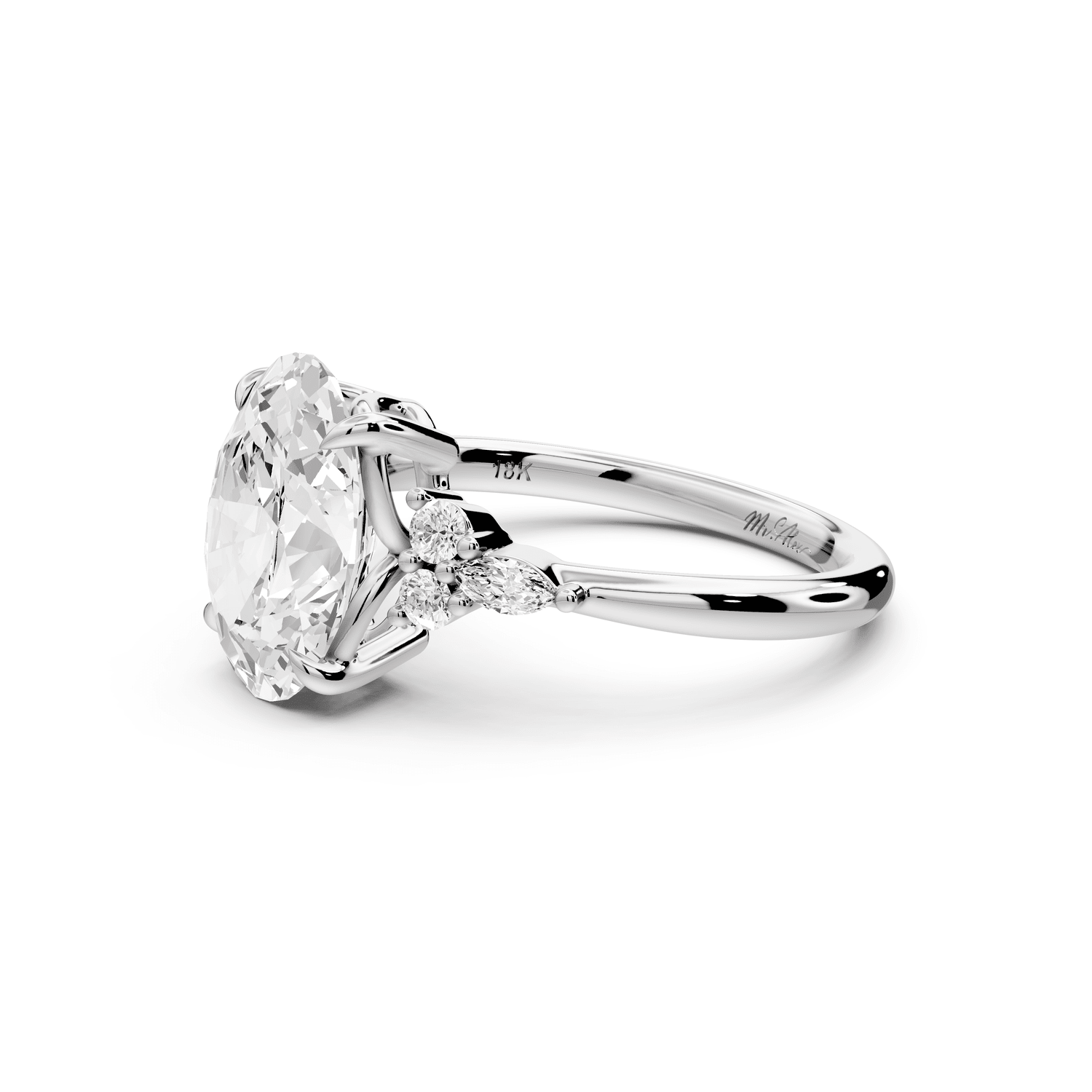 Sandi - 3ct 14k white gold Oval Floral Cluster Side-Stone Engagement Ring with Plain Band - Mr. Alex Jewelry
