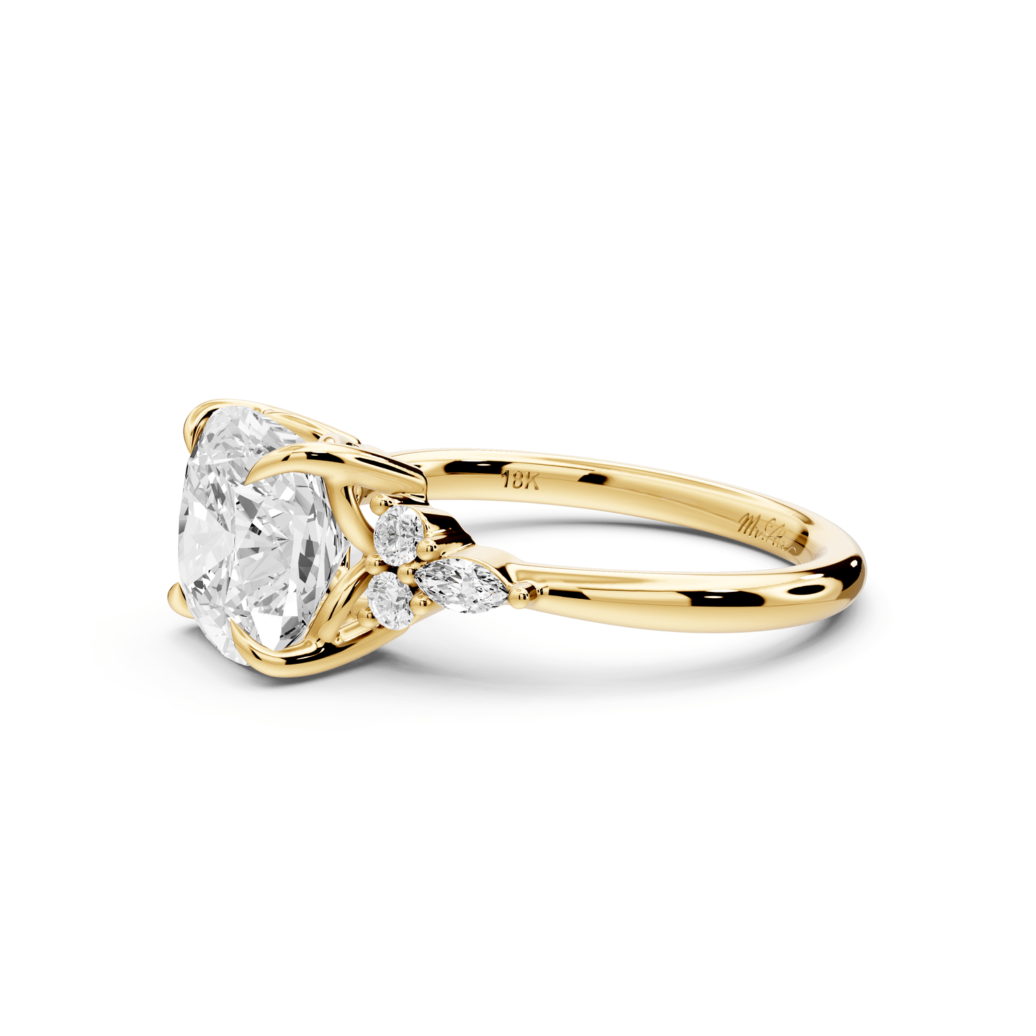 Sandi - 3ct 14k yellow gold Cushion Floral Cluster Side-Stone Engagement Ring with Plain Band - Mr. Alex Jewelry