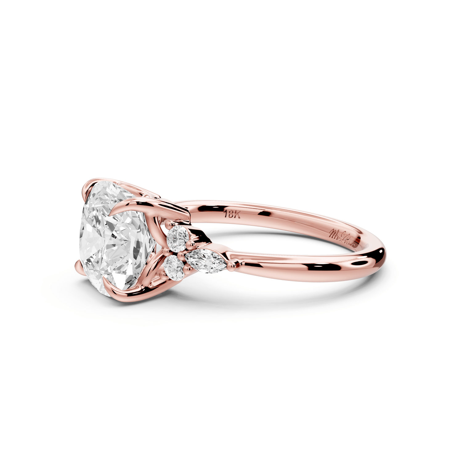Sandi - 3ct 18k rose gold Cushion Floral Cluster Side-Stone Engagement Ring with Plain Band - Mr. Alex Jewelry