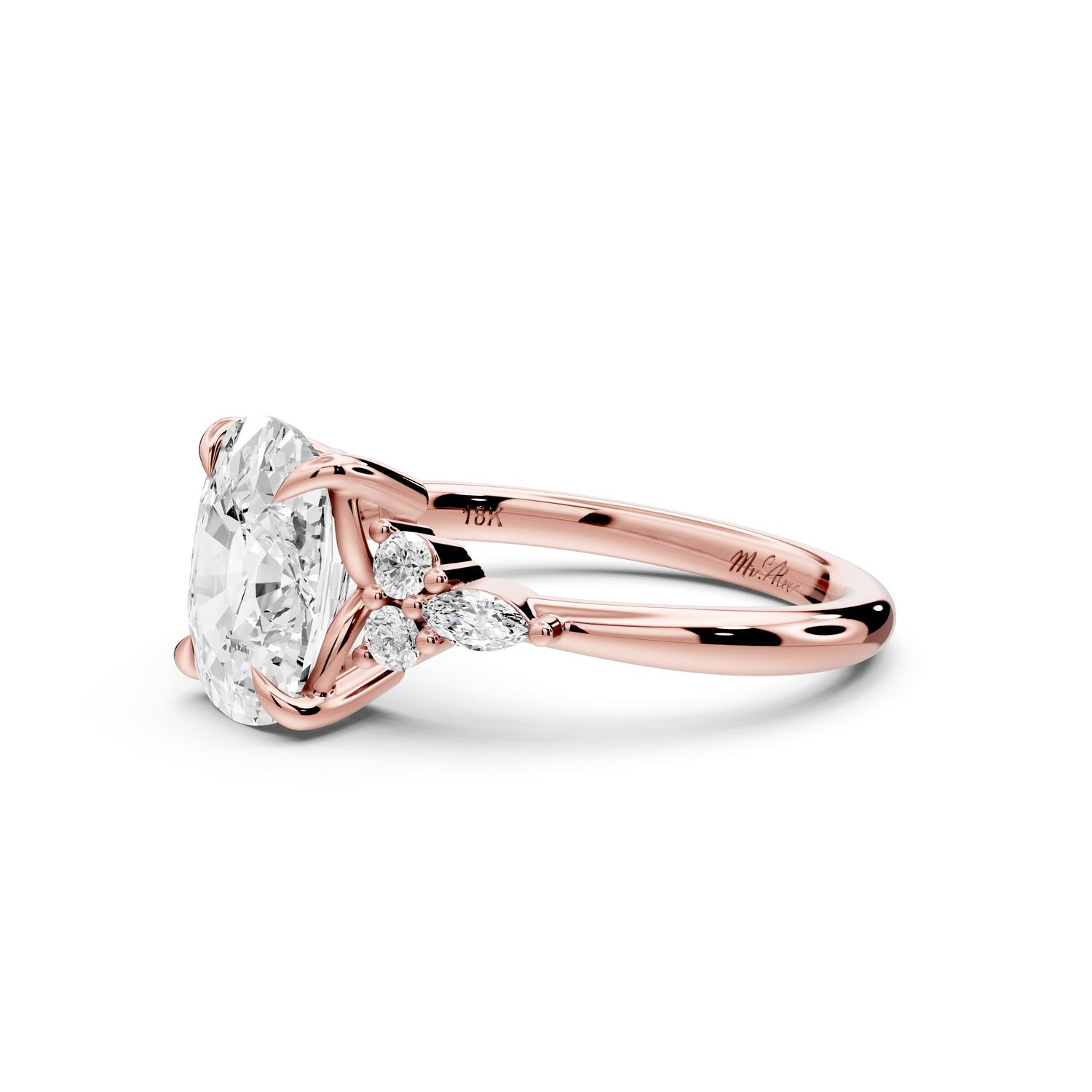 Sandi - 3ct 18k rose gold Ecushion Floral Cluster Side-Stone Engagement Ring with Plain Band - Mr. Alex Jewelry