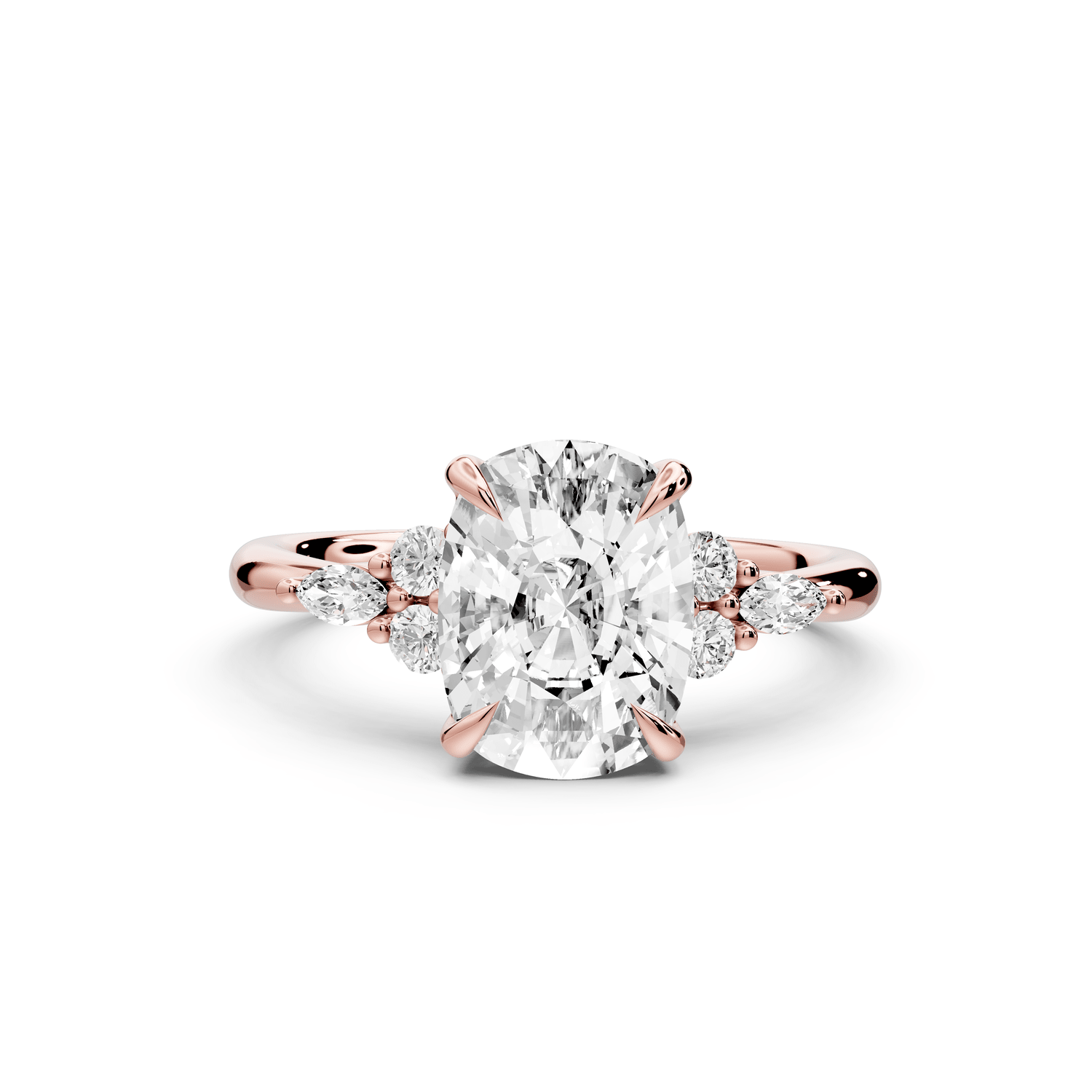 Sandi - 3ct 18k rose gold Ecushion Floral Cluster Side-Stone Engagement Ring with Plain Band - Mr. Alex Jewelry