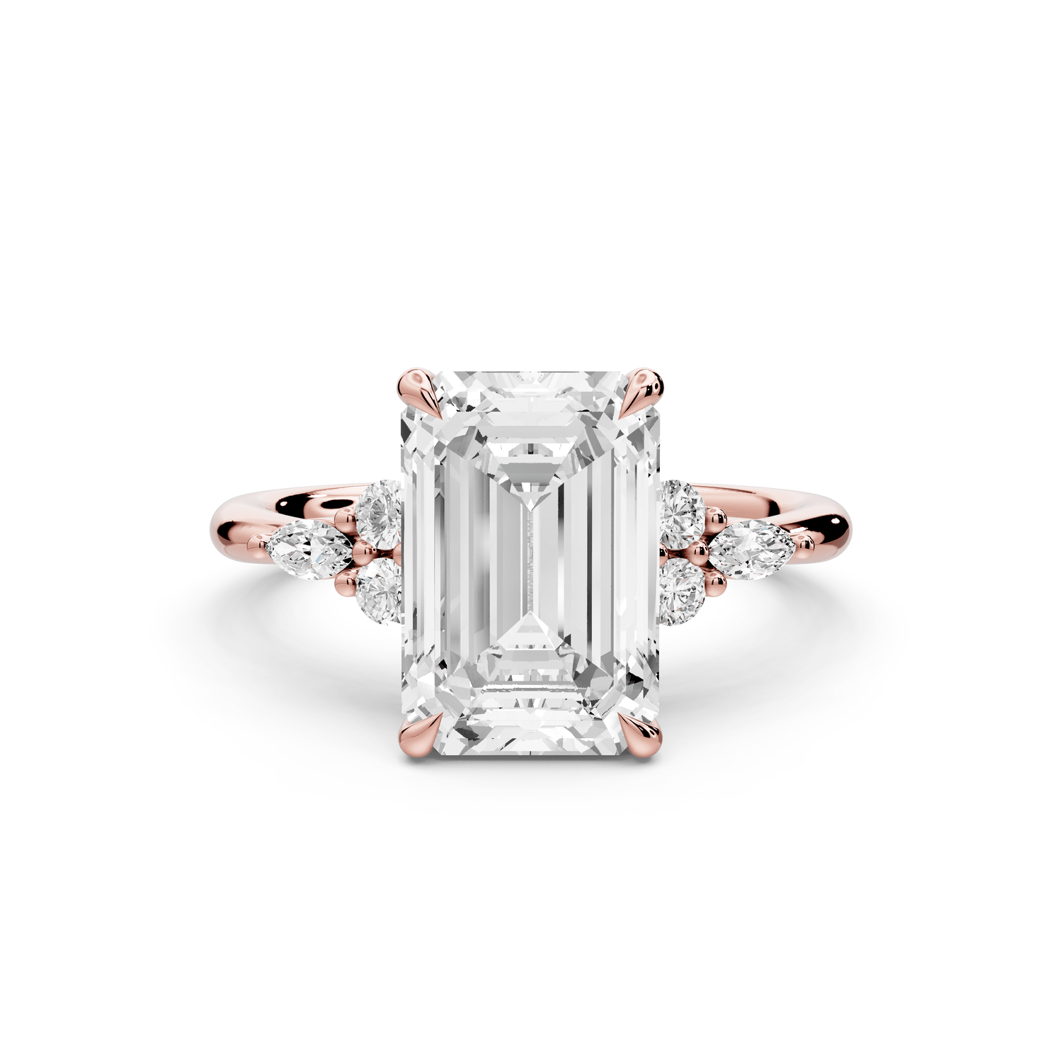 Sandi - 3ct 18k rose gold Emerald Floral Cluster Side-Stone Engagement Ring with Plain Band - Mr. Alex Jewelry