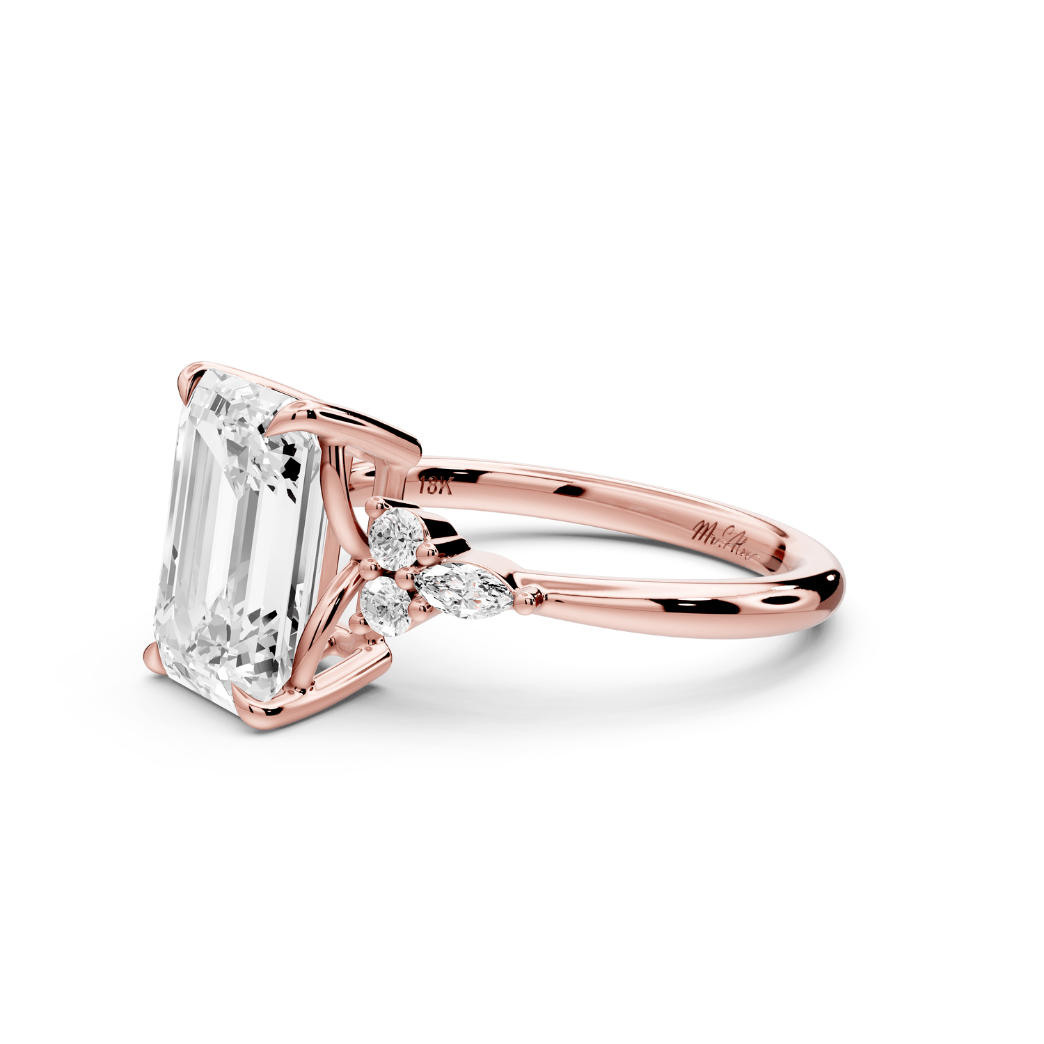 Sandi - 3ct 18k rose gold Emerald Floral Cluster Side-Stone Engagement Ring with Plain Band - Mr. Alex Jewelry