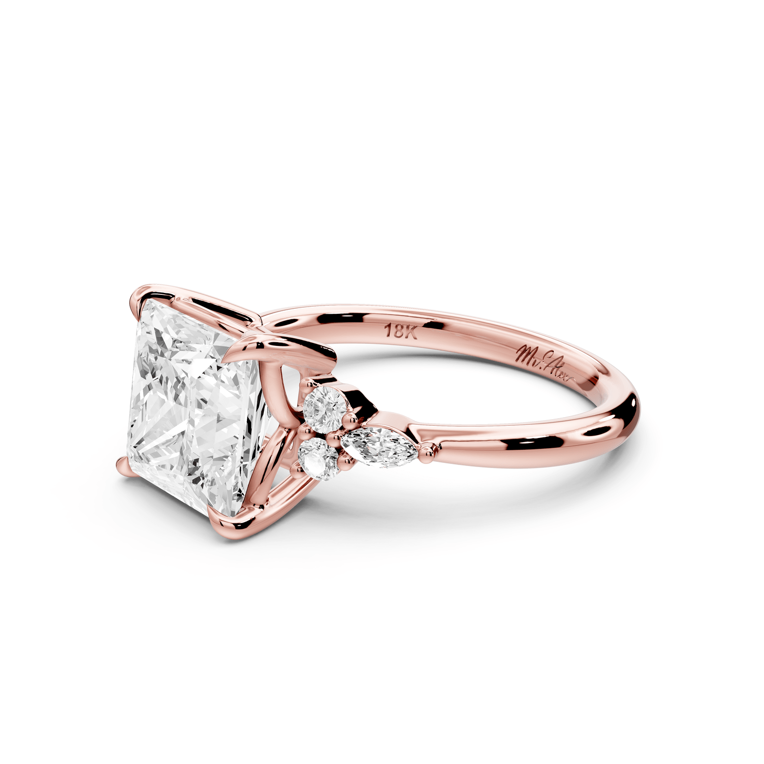 Sandi - 3ct 18k rose gold Princess Floral Cluster Side-Stone Engagement Ring with Plain Band - Mr. Alex Jewelry