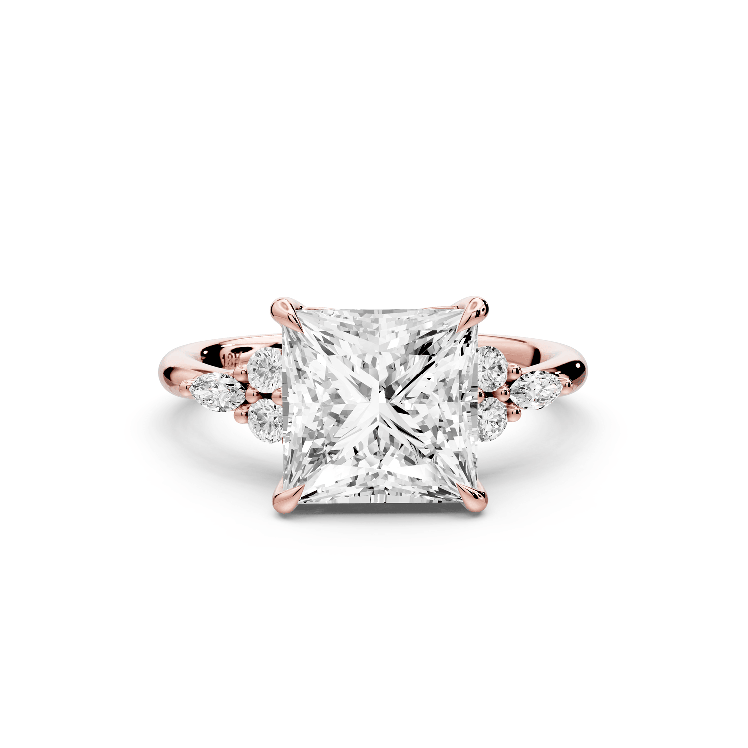 Sandi - 3ct 18k rose gold Princess Floral Cluster Side-Stone Engagement Ring with Plain Band - Mr. Alex Jewelry