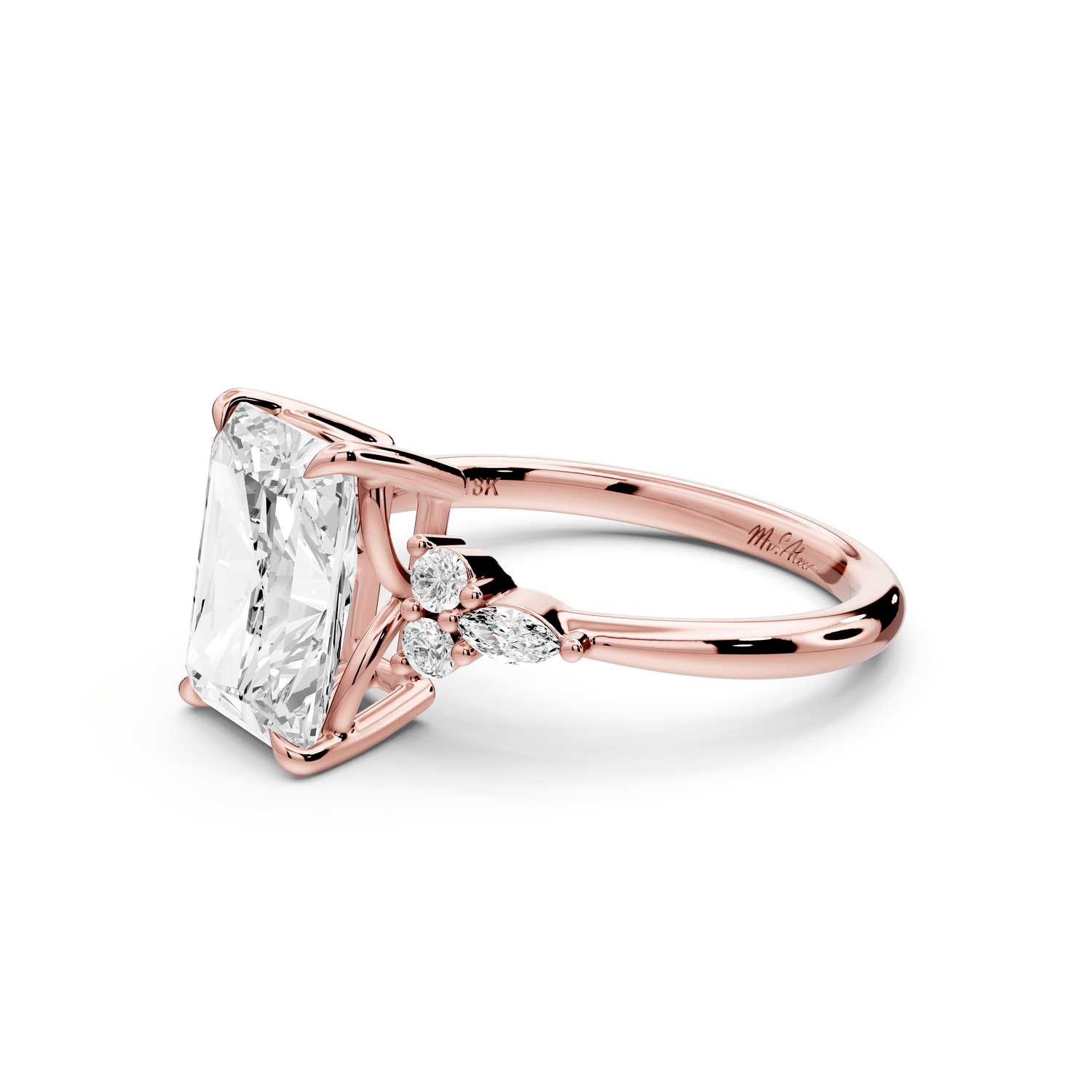 Sandi - 3ct 18k rose gold Radiant Floral Cluster Side-Stone Engagement Ring with Plain Band - Mr. Alex Jewelry