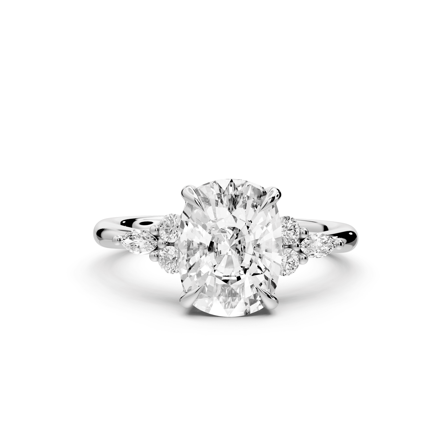 Sandi - 3ct 18k white gold Ecushion Floral Cluster Side-Stone Engagement Ring with Plain Band - Mr. Alex Jewelry