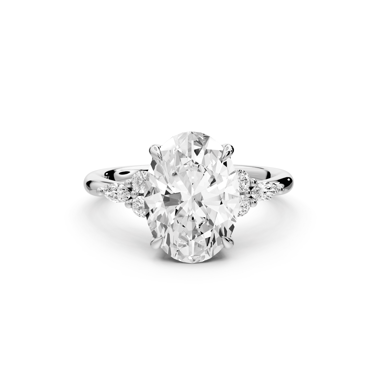 Sandi - 3ct 18k white gold Oval Floral Cluster Side-Stone Engagement Ring with Plain Band - Mr. Alex Jewelry