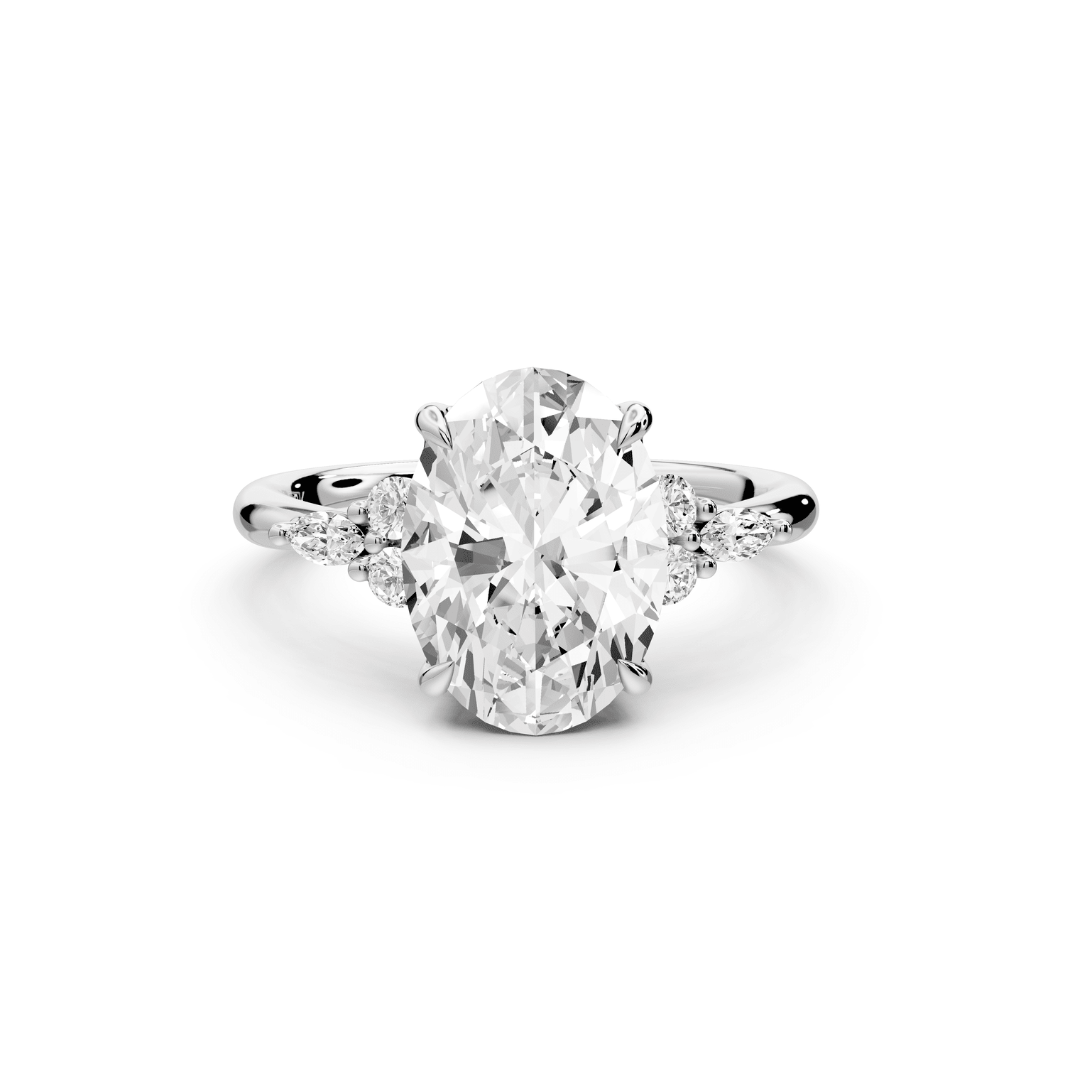 Sandi - 3ct 18k white gold Oval Floral Cluster Side-Stone Engagement Ring with Plain Band - Mr. Alex Jewelry