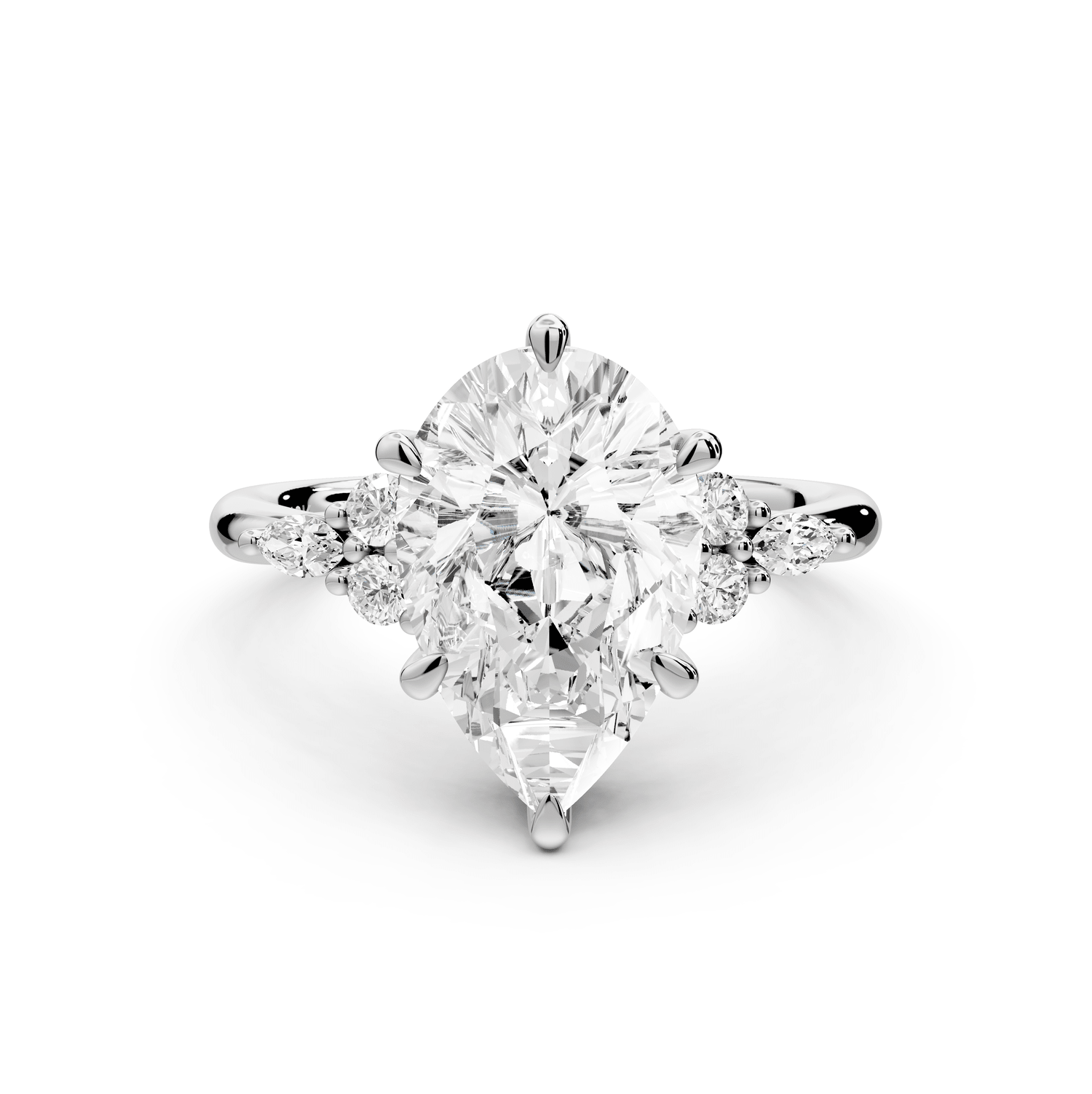 Sandi - 3ct 18k white gold Pear Floral Cluster Side-Stone Engagement Ring with Plain Band - Mr. Alex Jewelry