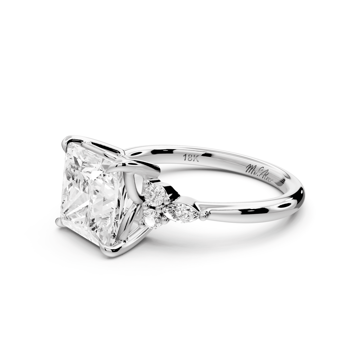 Sandi - 3ct 18k white gold Princess Floral Cluster Side-Stone Engagement Ring with Plain Band - Mr. Alex Jewelry