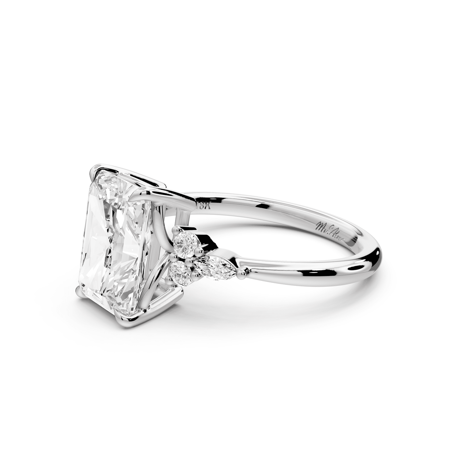 Sandi - 3ct 18k white gold Radiant Floral Cluster Side-Stone Engagement Ring with Plain Band - Mr. Alex Jewelry