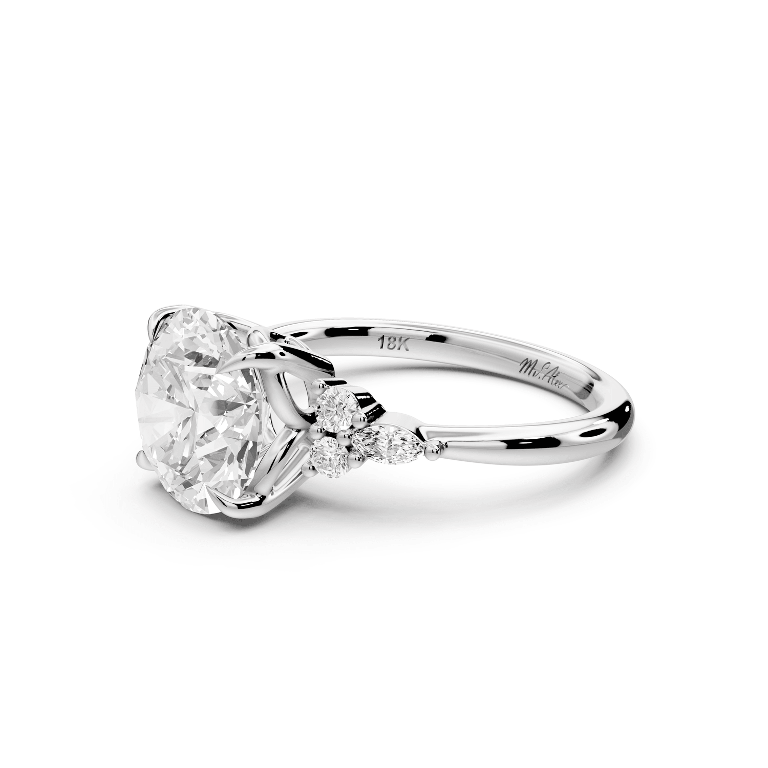 Sandi - 3ct 18k white gold Round Floral Cluster Side-Stone Engagement Ring with Plain Band - Mr. Alex Jewelry