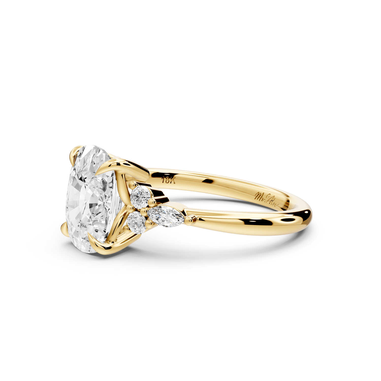 Sandi - 3ct 18k yellow gold Ecushion Floral Cluster Side-Stone Engagement Ring with Plain Band - Mr. Alex Jewelry