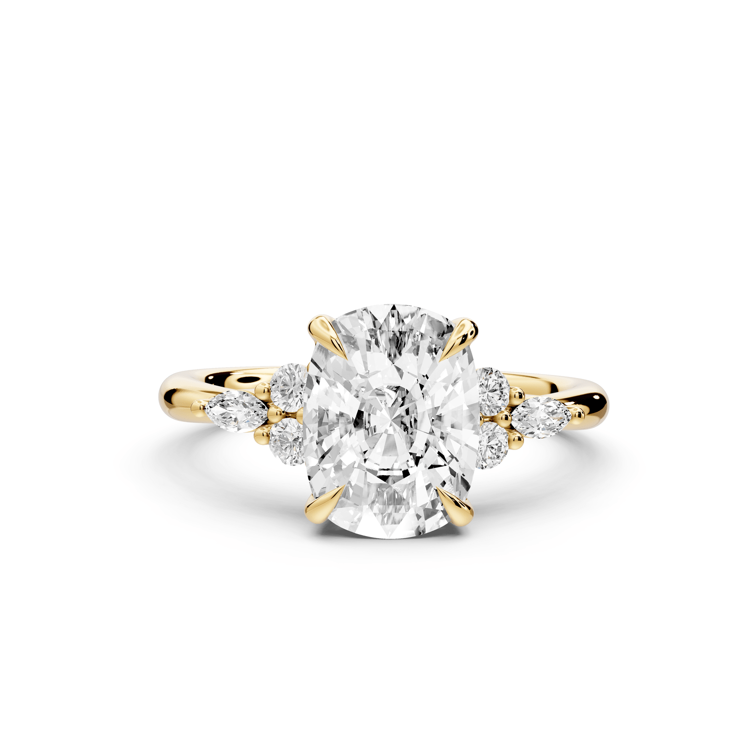Sandi - 3ct 18k yellow gold Ecushion Floral Cluster Side-Stone Engagement Ring with Plain Band - Mr. Alex Jewelry