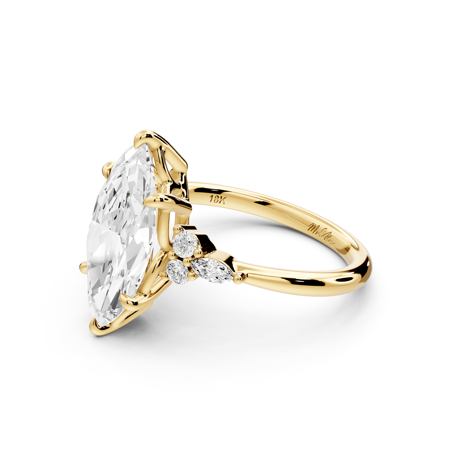 Sandi - 3ct 18k yellow gold Marquise Floral Cluster Side-Stone Engagement Ring with Plain Band - Mr. Alex Jewelry