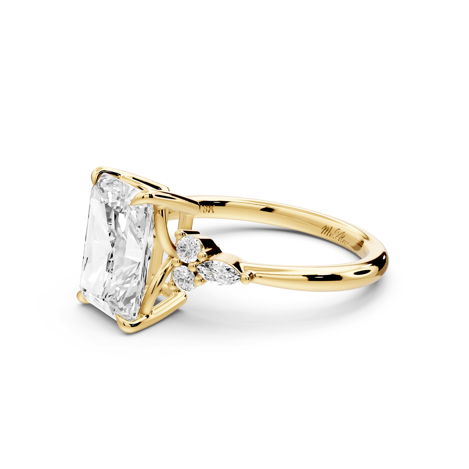 Sandi - 3ct 18k yellow gold Radiant Floral Cluster Side-Stone Engagement Ring with Plain Band - Mr. Alex Jewelry