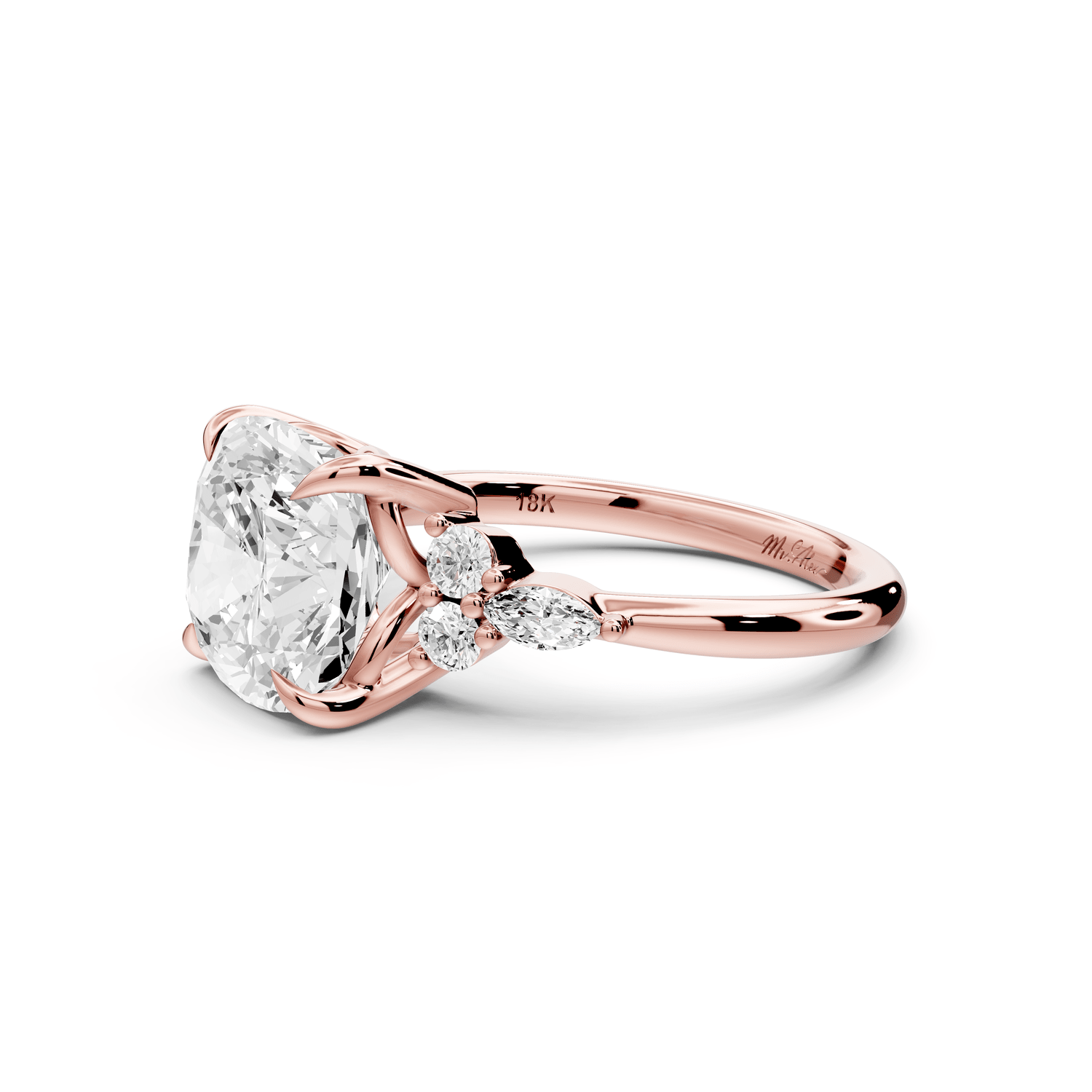 Sandi - 4ct 14k rose gold Cushion Floral Cluster Side-Stone Engagement Ring with Plain Band - Mr. Alex Jewelry