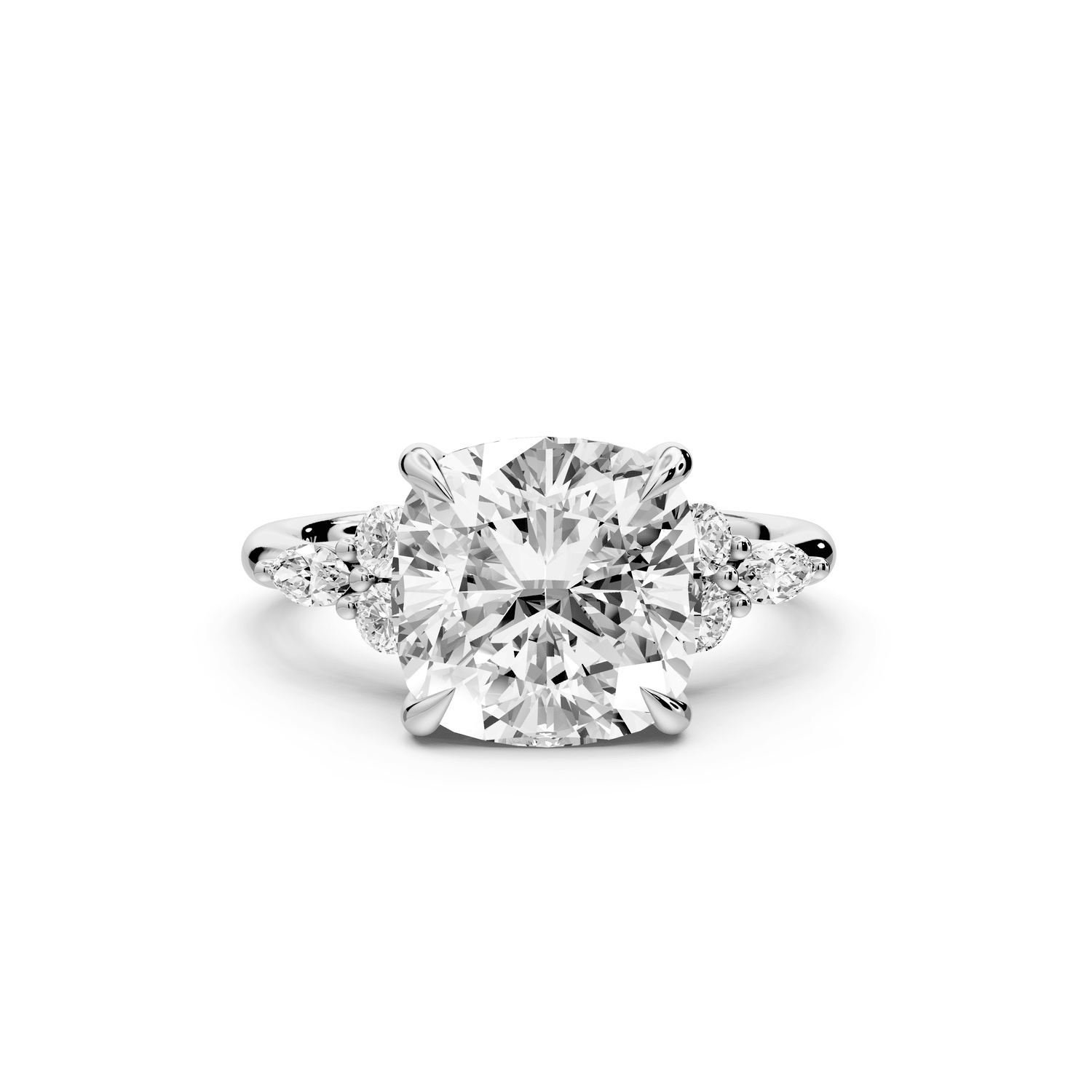 Sandi - 4ct 14k white gold Cushion Floral Cluster Side-Stone Engagement Ring with Plain Band - Mr. Alex Jewelry