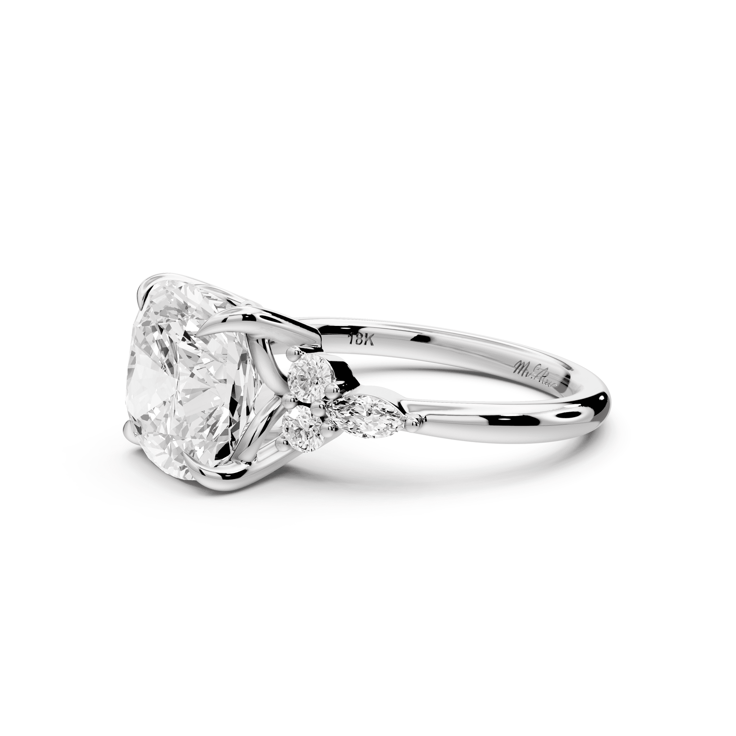 Sandi - 4ct 14k white gold Cushion Floral Cluster Side-Stone Engagement Ring with Plain Band - Mr. Alex Jewelry