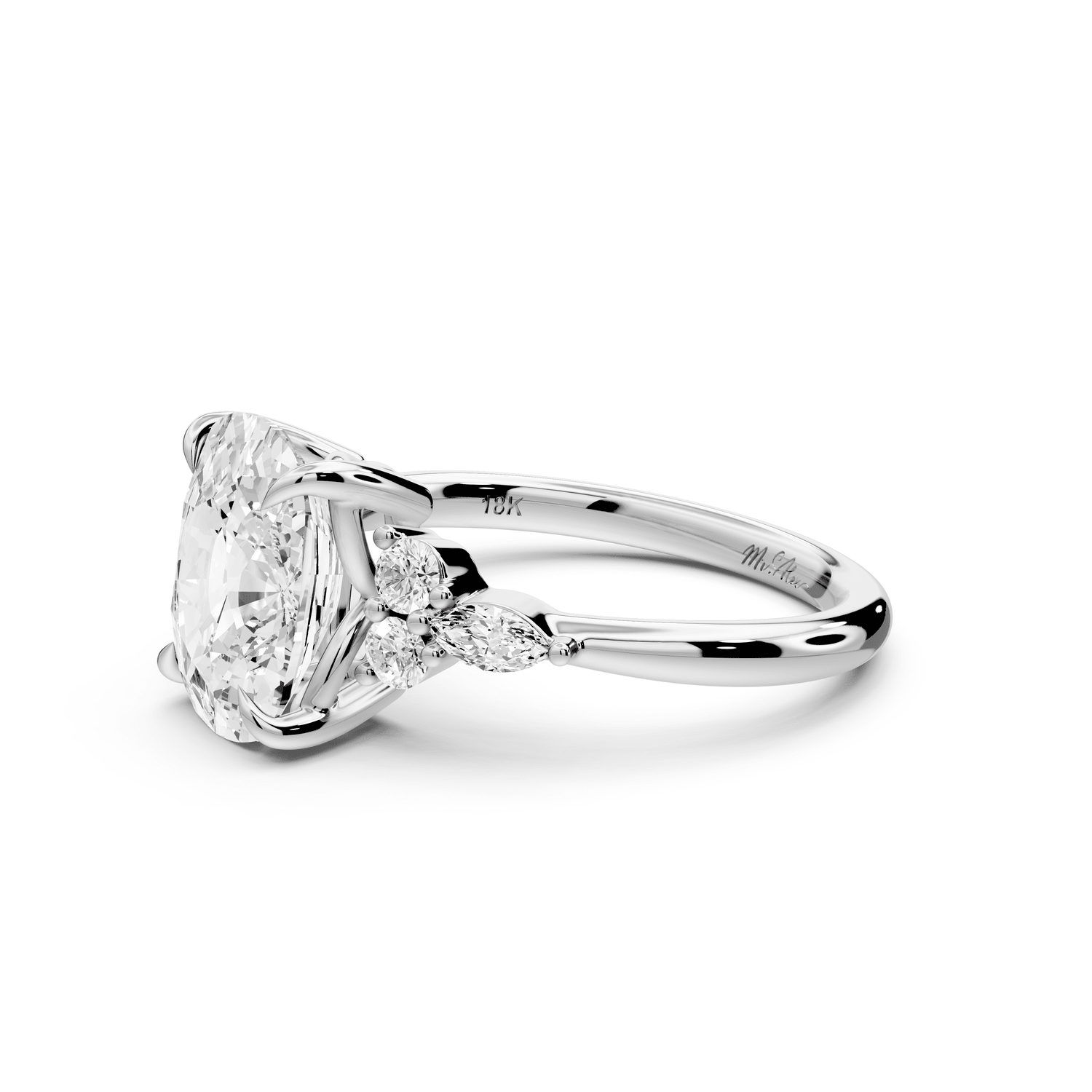 Sandi - 4ct 14k white gold Ecushion Floral Cluster Side-Stone Engagement Ring with Plain Band - Mr. Alex Jewelry