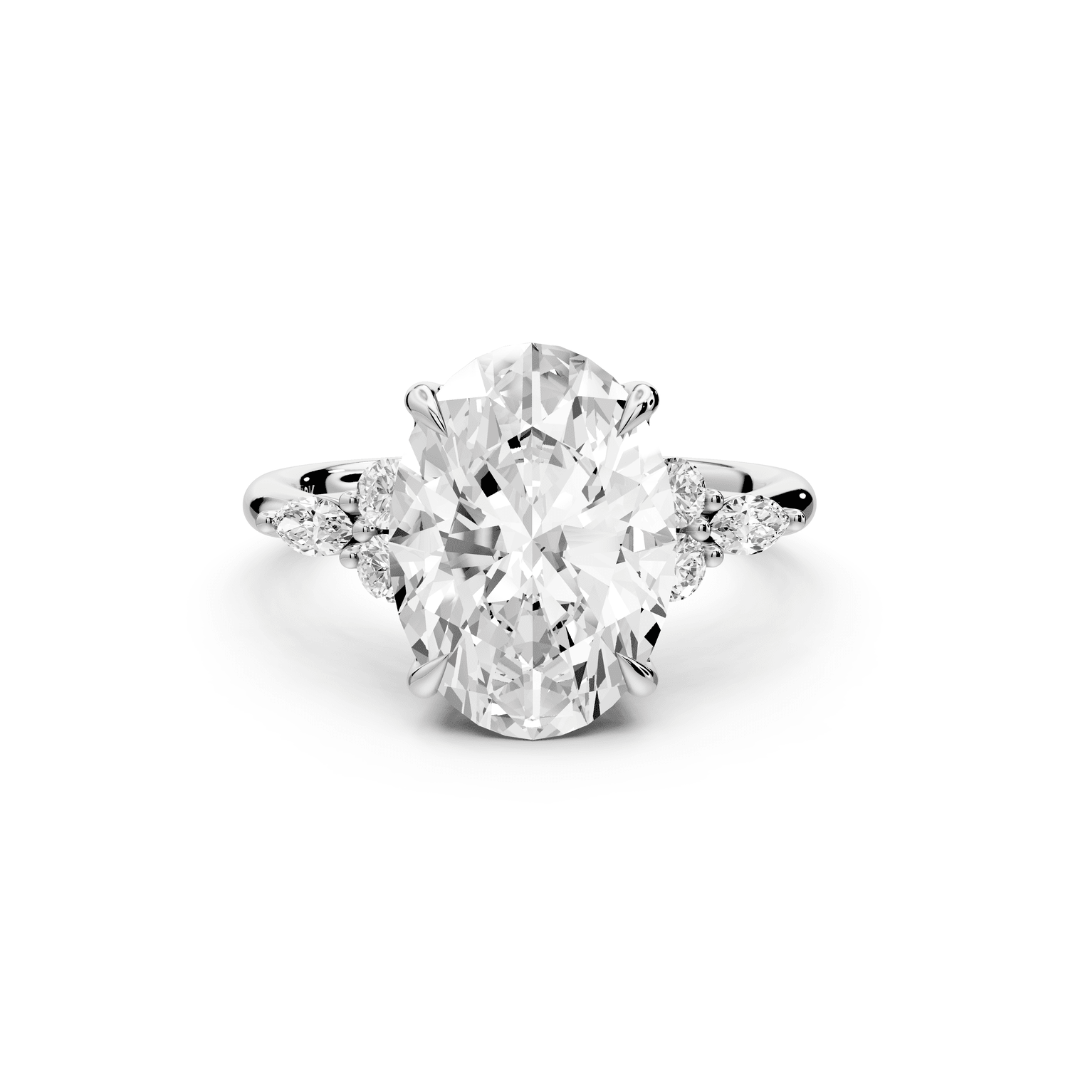 Sandi - 4ct 14k white gold Oval Floral Cluster Side-Stone Engagement Ring with Plain Band - Mr. Alex Jewelry