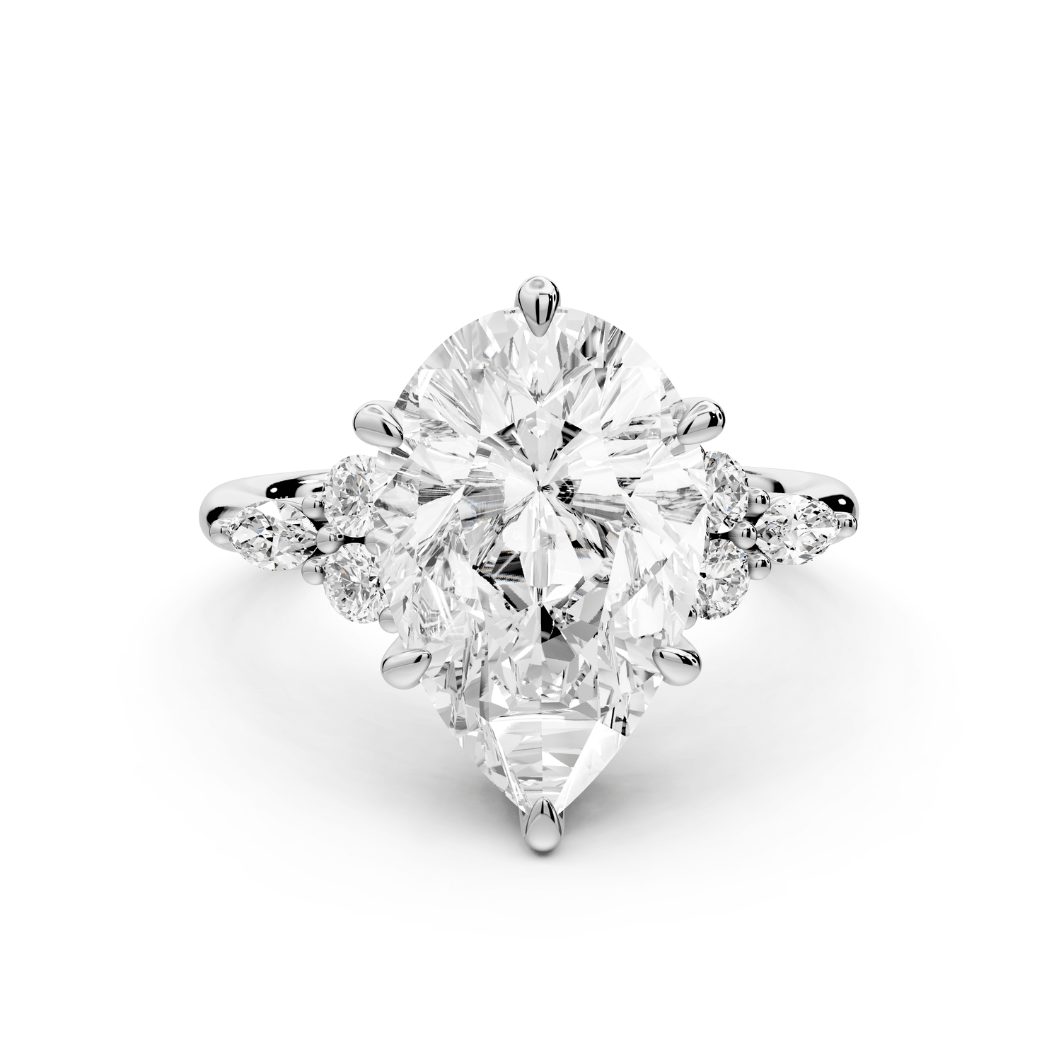 Sandi - 4ct 14k white gold Pear Floral Cluster Side-Stone Engagement Ring with Plain Band - Mr. Alex Jewelry