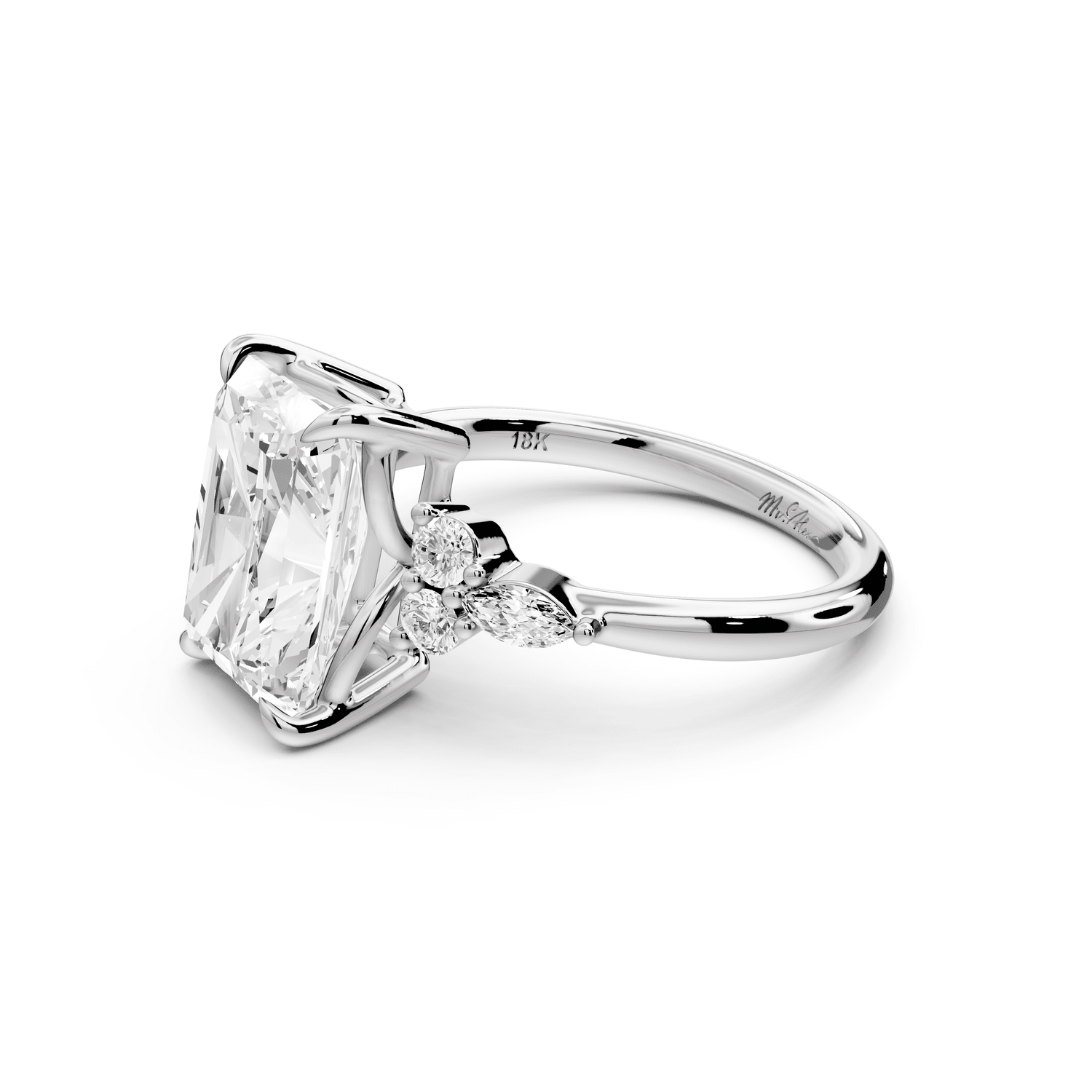 Sandi - 4ct 14k white gold Radiant Floral Cluster Side-Stone Engagement Ring with Plain Band - Mr. Alex Jewelry