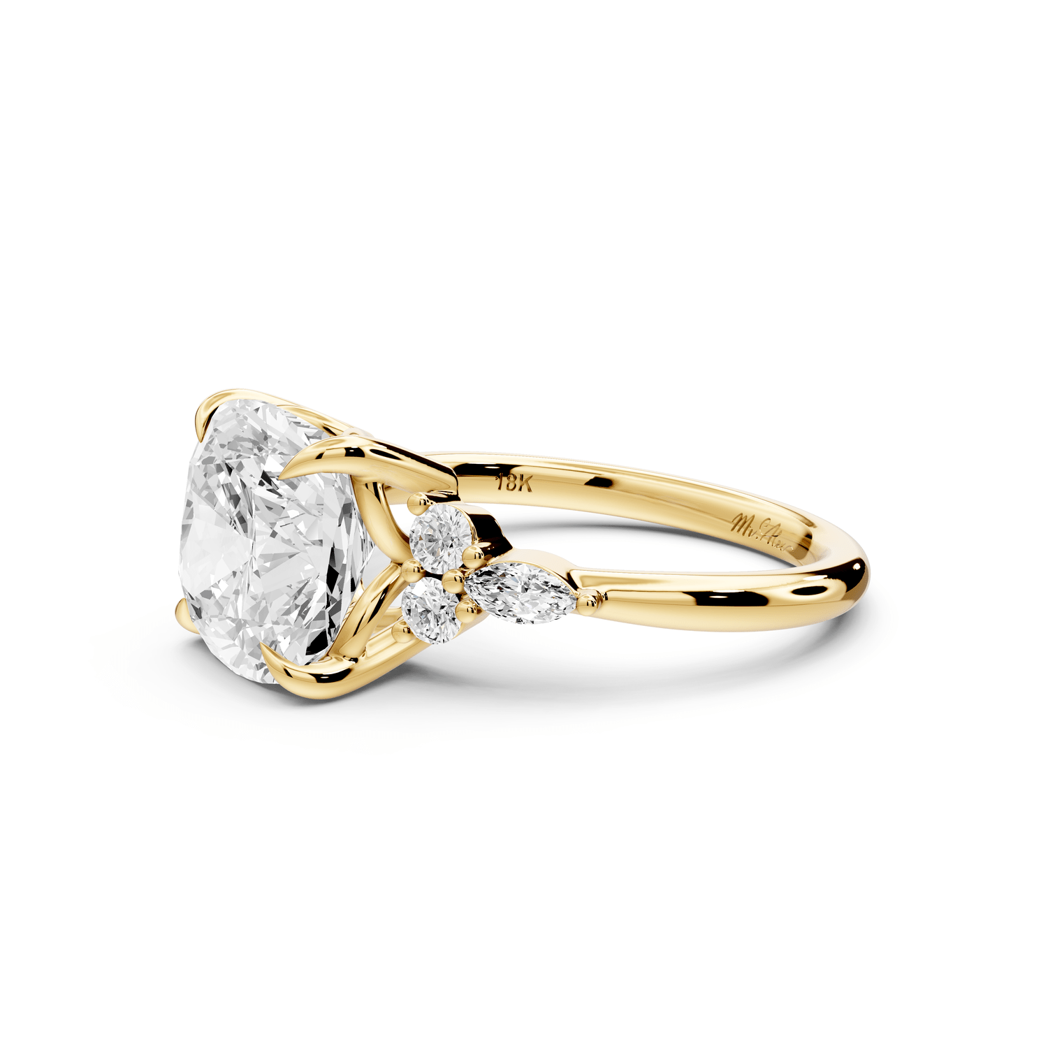 Sandi - 4ct 14k yellow gold Cushion Floral Cluster Side-Stone Engagement Ring with Plain Band - Mr. Alex Jewelry