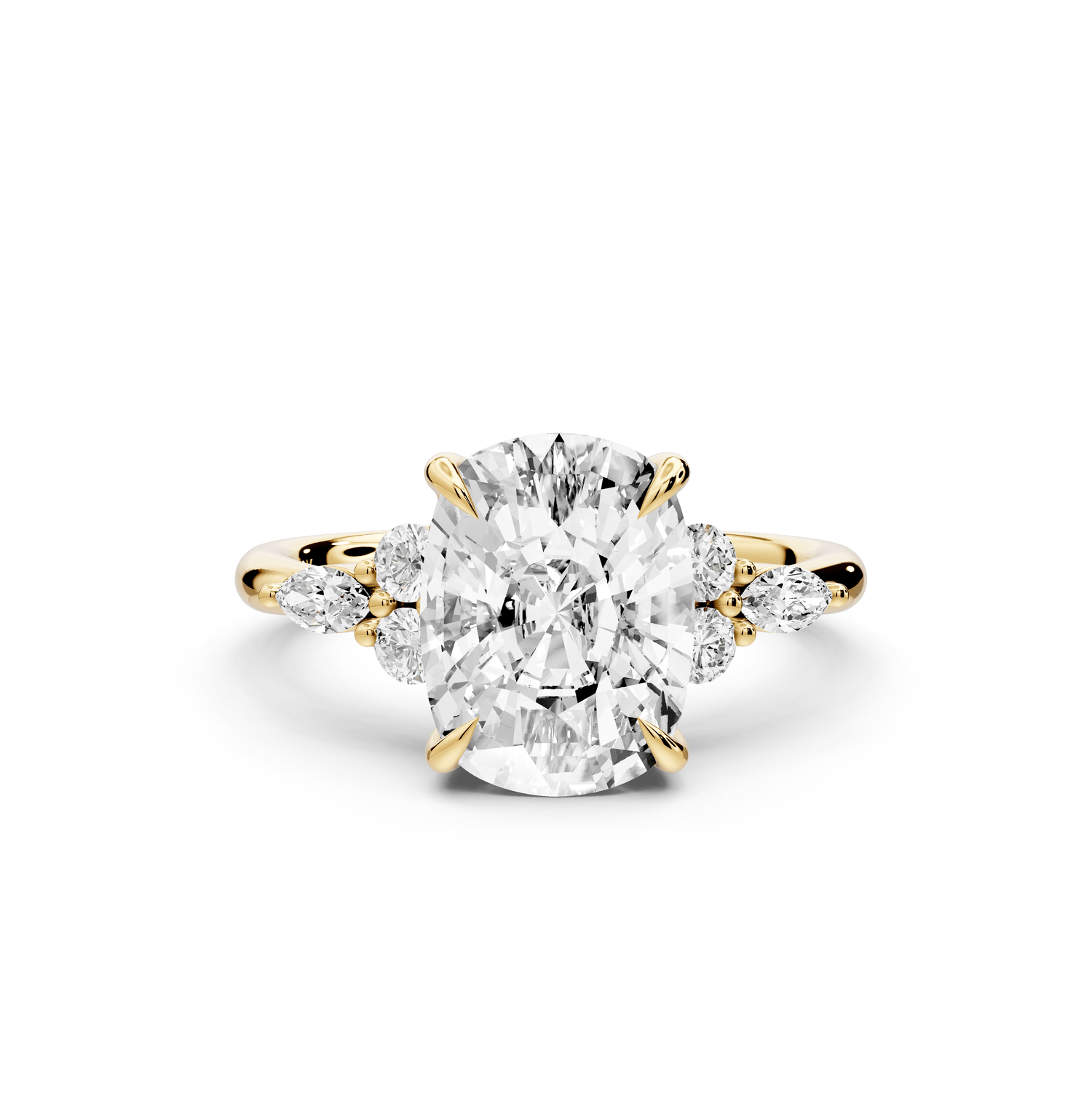 Sandi - 4ct 14k yellow gold Ecushion Floral Cluster Side-Stone Engagement Ring with Plain Band - Mr. Alex Jewelry
