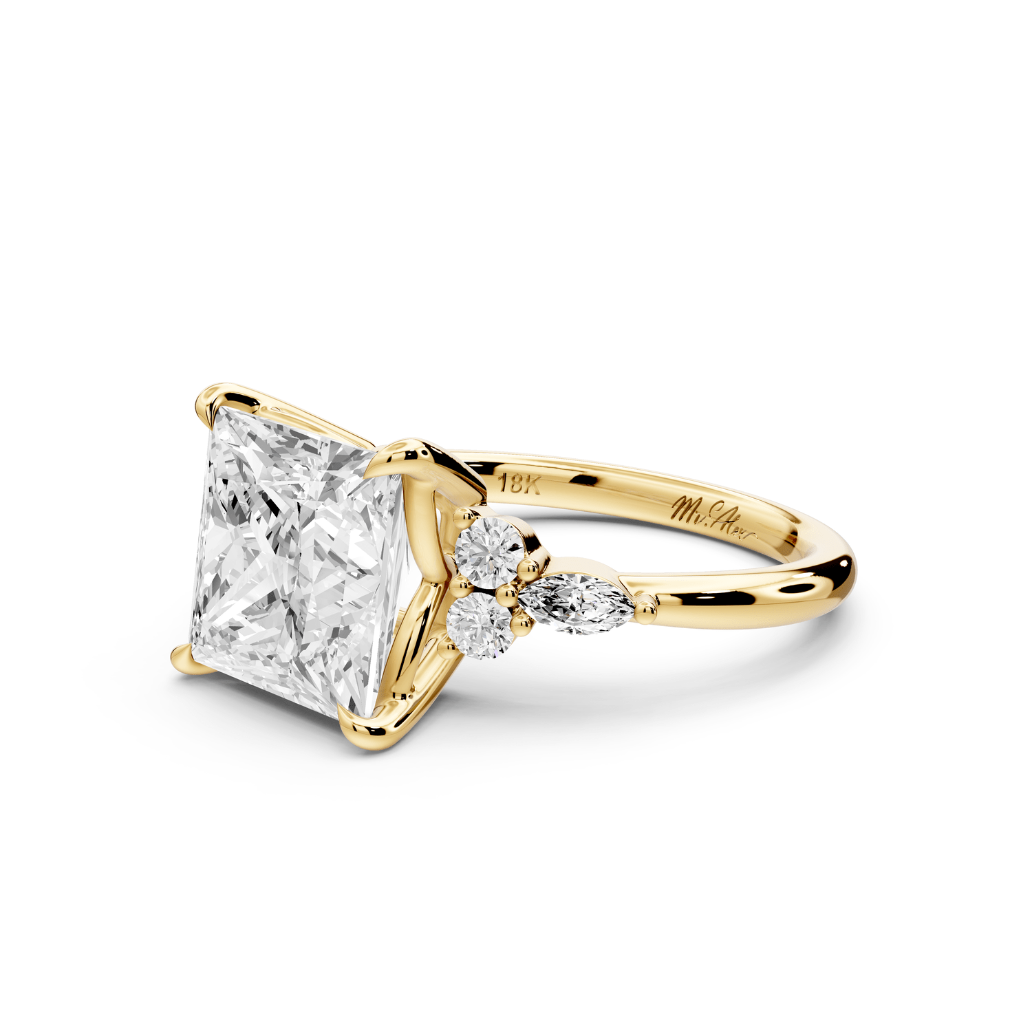 Sandi - 4ct 14k yellow gold Princess Floral Cluster Side-Stone Engagement Ring with Plain Band - Mr. Alex Jewelry