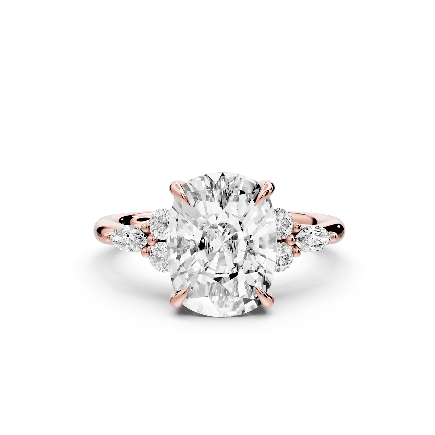 Sandi - 4ct 18k rose gold Ecushion Floral Cluster Side-Stone Engagement Ring with Plain Band - Mr. Alex Jewelry