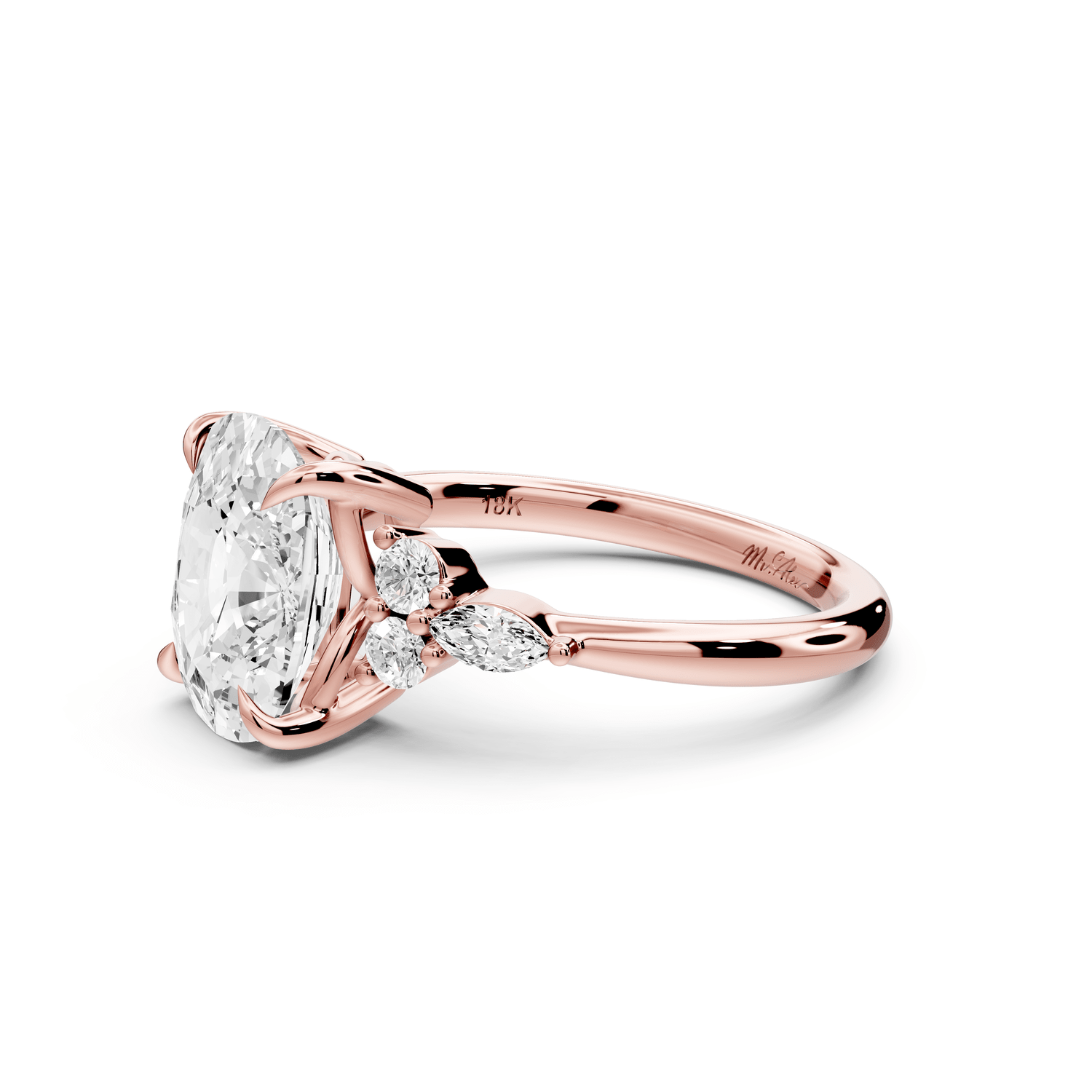 Sandi - 4ct 18k rose gold Ecushion Floral Cluster Side-Stone Engagement Ring with Plain Band - Mr. Alex Jewelry