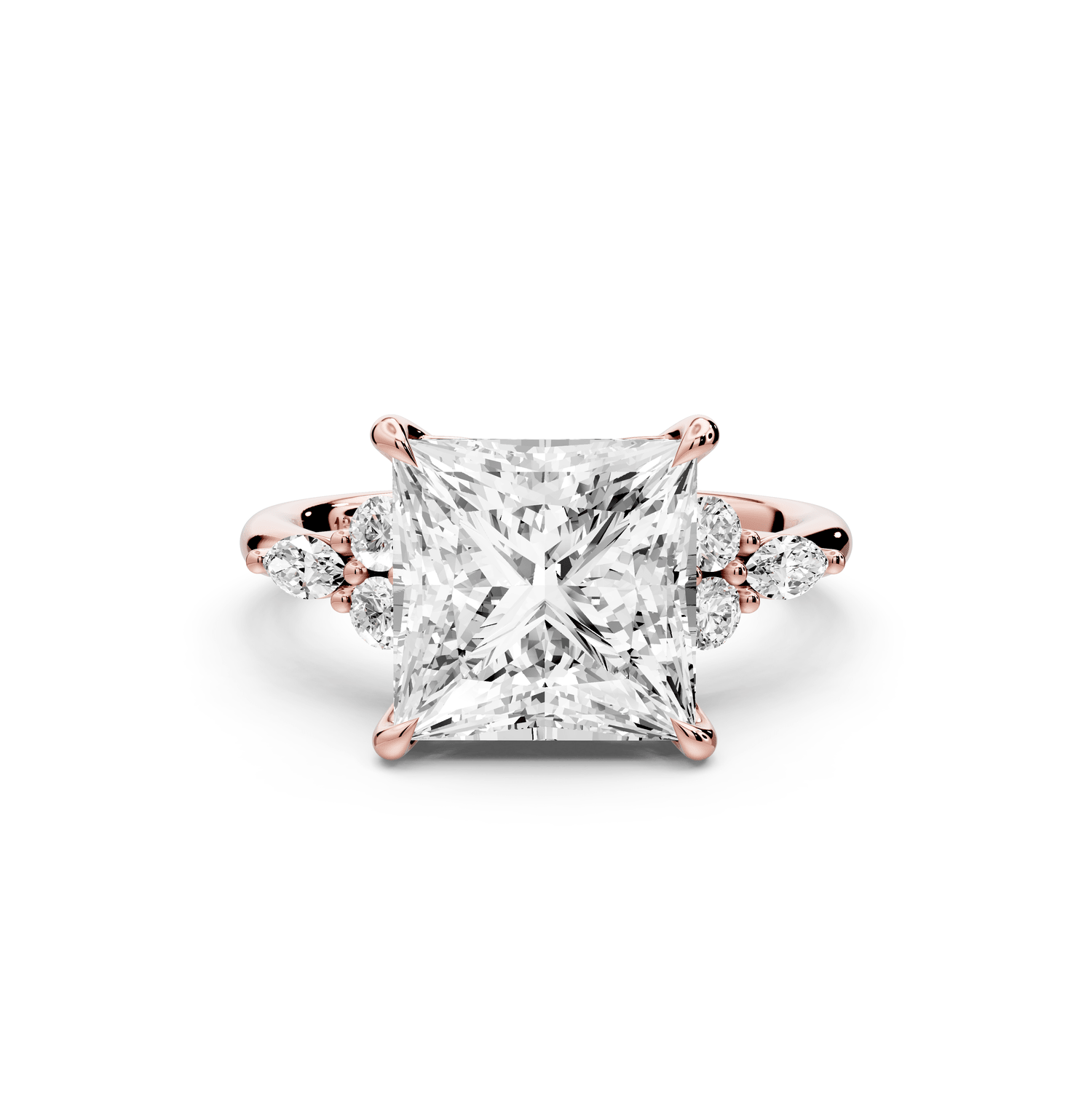 Sandi - 4ct 18k rose gold Princess Floral Cluster Side-Stone Engagement Ring with Plain Band - Mr. Alex Jewelry