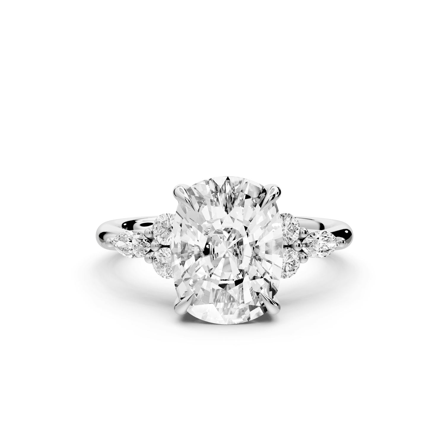Sandi - 4ct 18k white gold Ecushion Floral Cluster Side-Stone Engagement Ring with Plain Band - Mr. Alex Jewelry