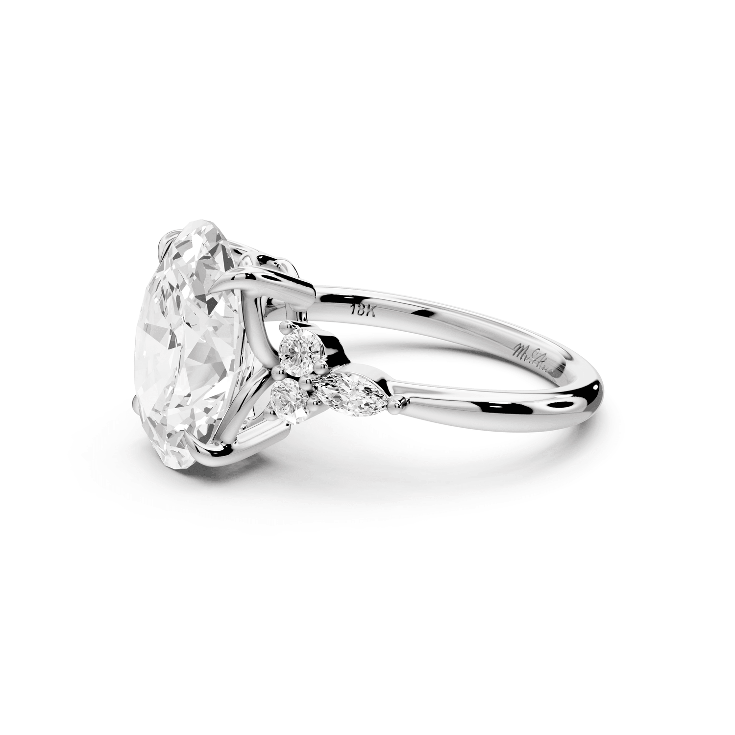 Sandi - 4ct 18k white gold Oval Floral Cluster Side-Stone Engagement Ring with Plain Band - Mr. Alex Jewelry