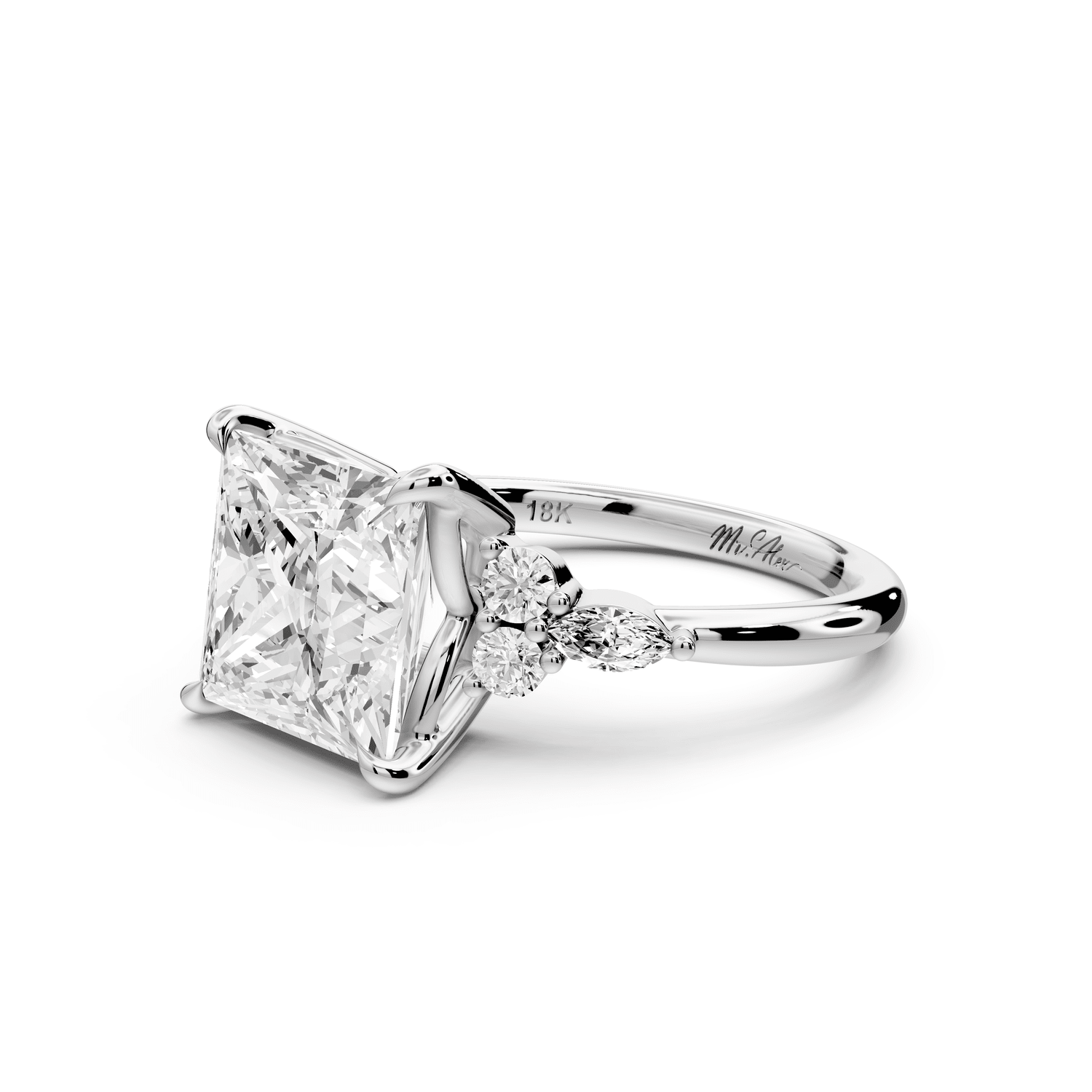 Sandi - 4ct 18k white gold Princess Floral Cluster Side-Stone Engagement Ring with Plain Band - Mr. Alex Jewelry