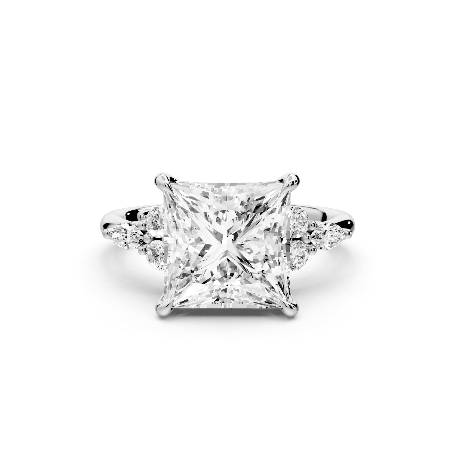Sandi - 4ct 18k white gold Princess Floral Cluster Side-Stone Engagement Ring with Plain Band - Mr. Alex Jewelry